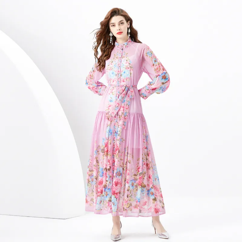 Pink Floral Palace Style Design Standing Neck Raglan Sleeves Wave Edge Long Retro High end Printed Dress