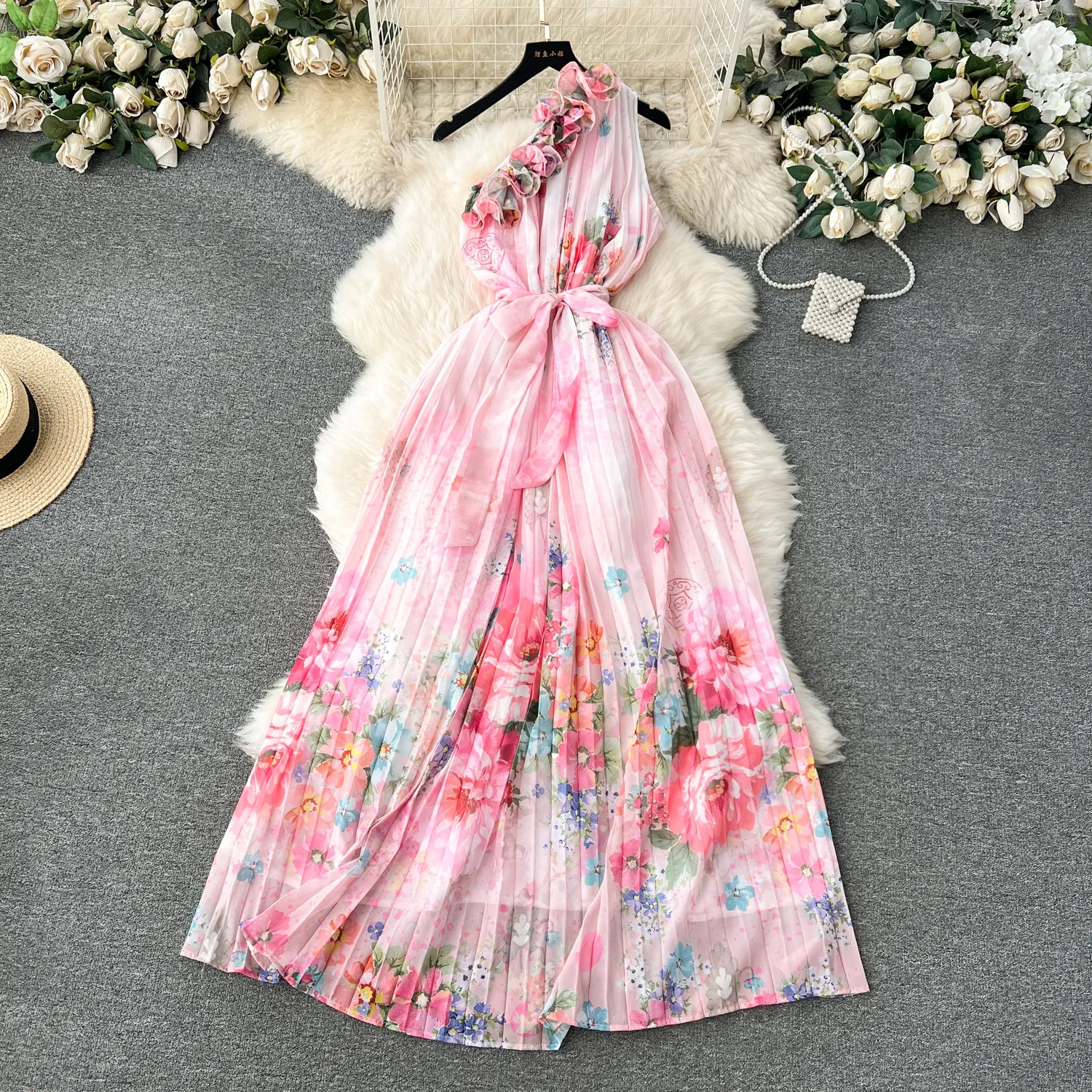 Fanhua series holiday dress for women, niche three-dimensional ruffle edge diagonal collar off shoulder slim fit long printed pleated dress