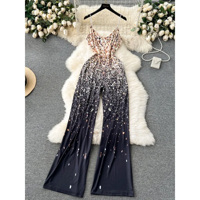 European and American foreign trade women's clothing design gradually changes color, printed suspender jumpsuit sexy backless slim fit long wide leg pants