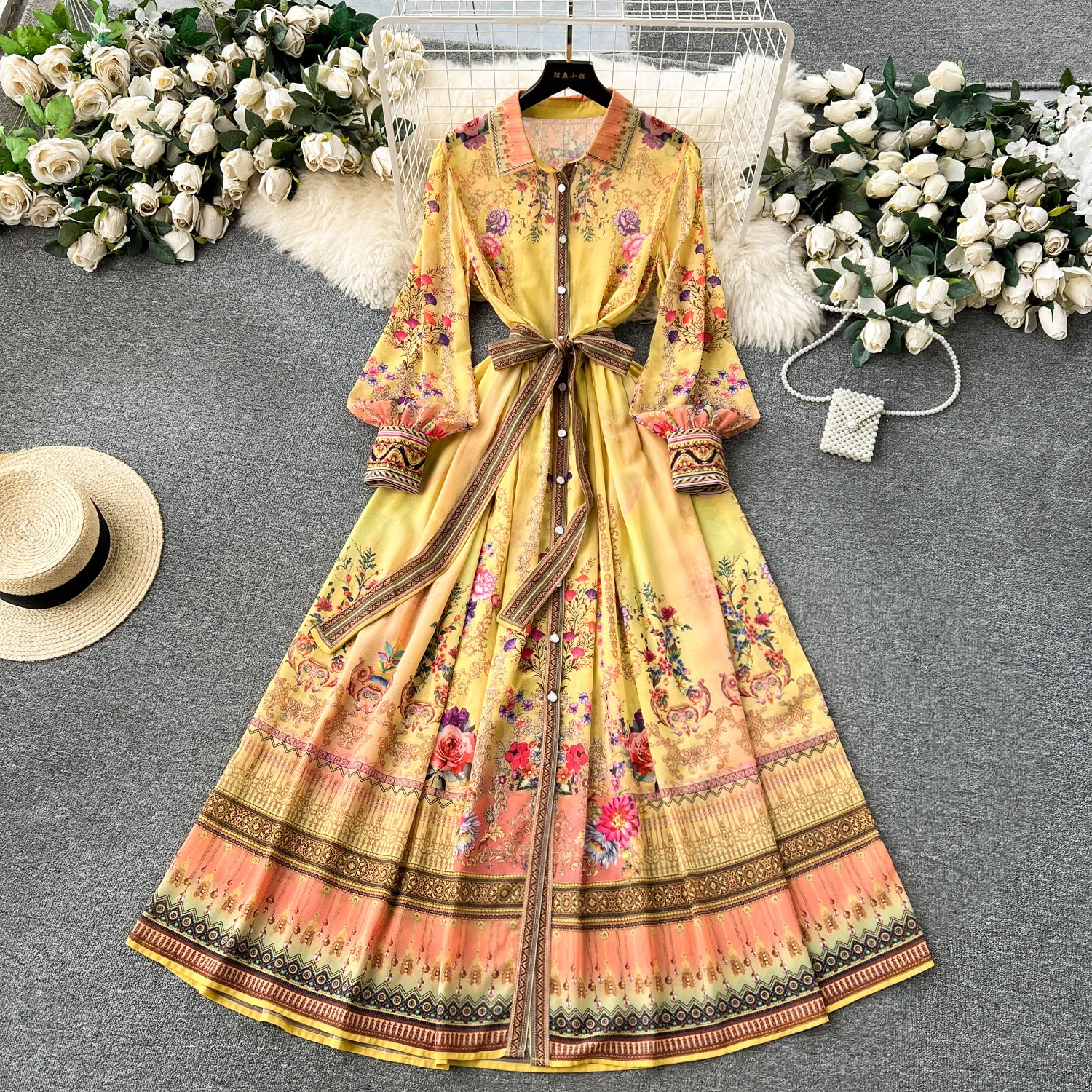 French retro court style dress, temperament, shirt collar, buckle and tie up, slim fit, long printed chiffon dress for women