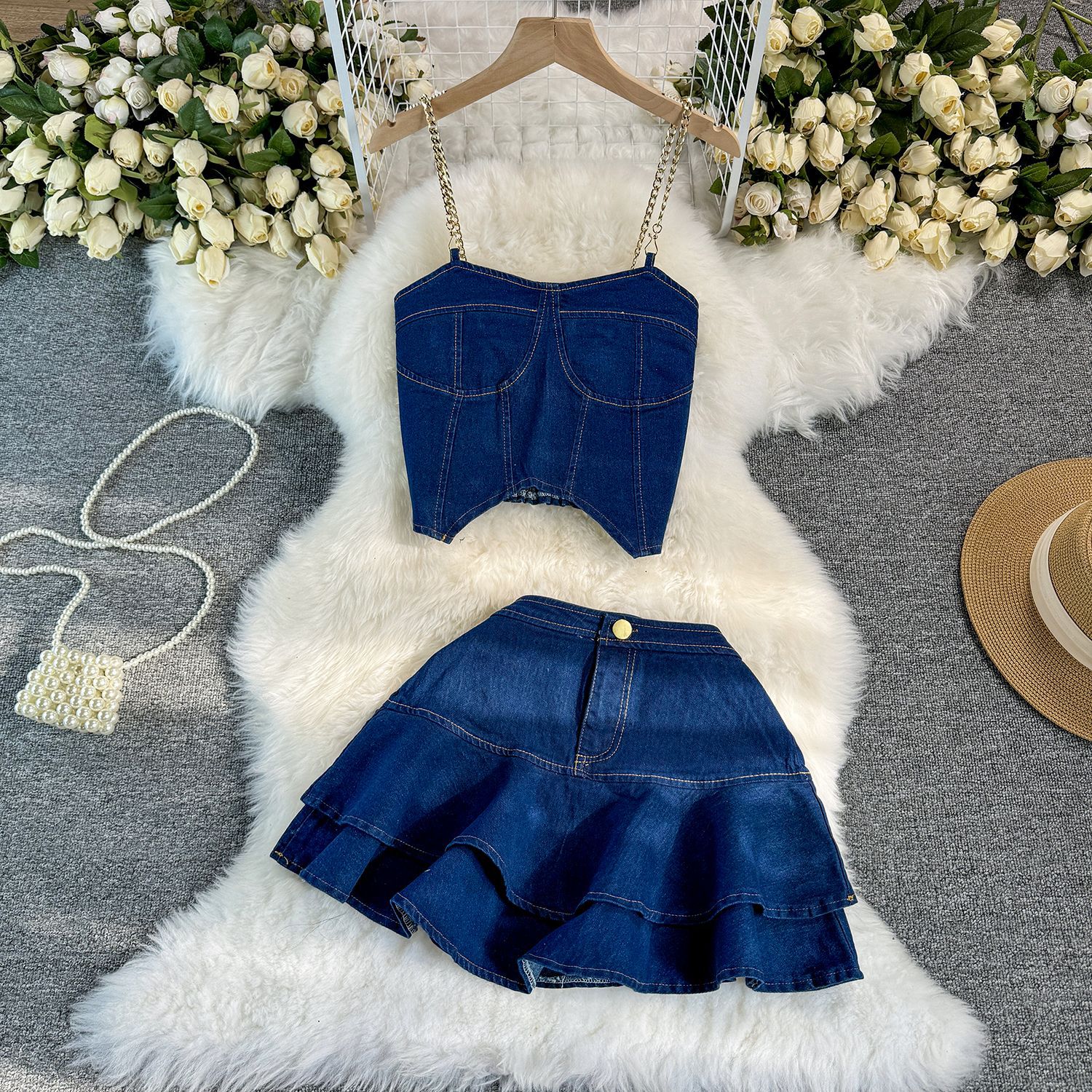 American Spicy Girl Denim Set with Pure Desire Style Chain Hanging Strap Bra Denim Top+High Waist A-Line Ruffle Edge Short Skirt