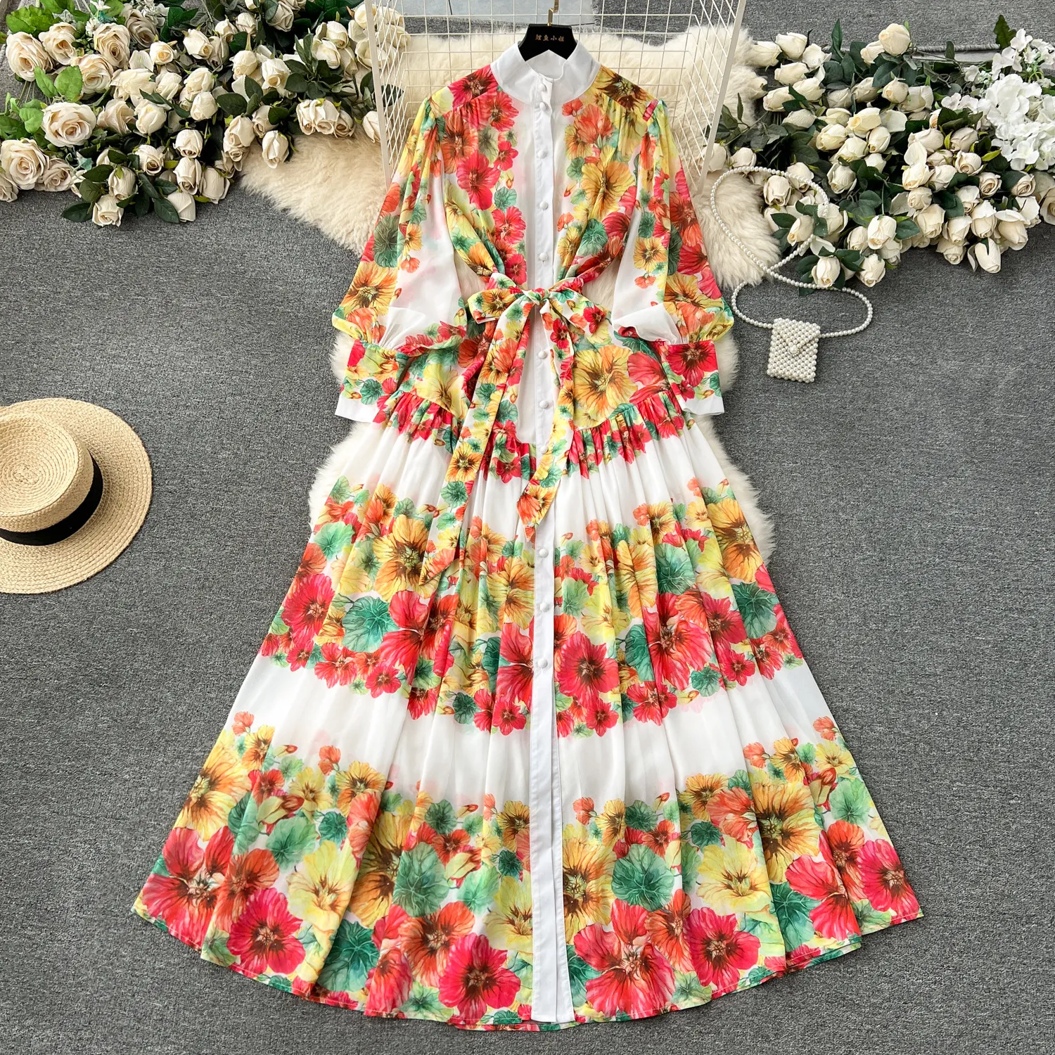 Fanhua Spring Fashion Women's 2024 New Style Stand up Neck Button Slim Fit Long Printed Dress French Dress