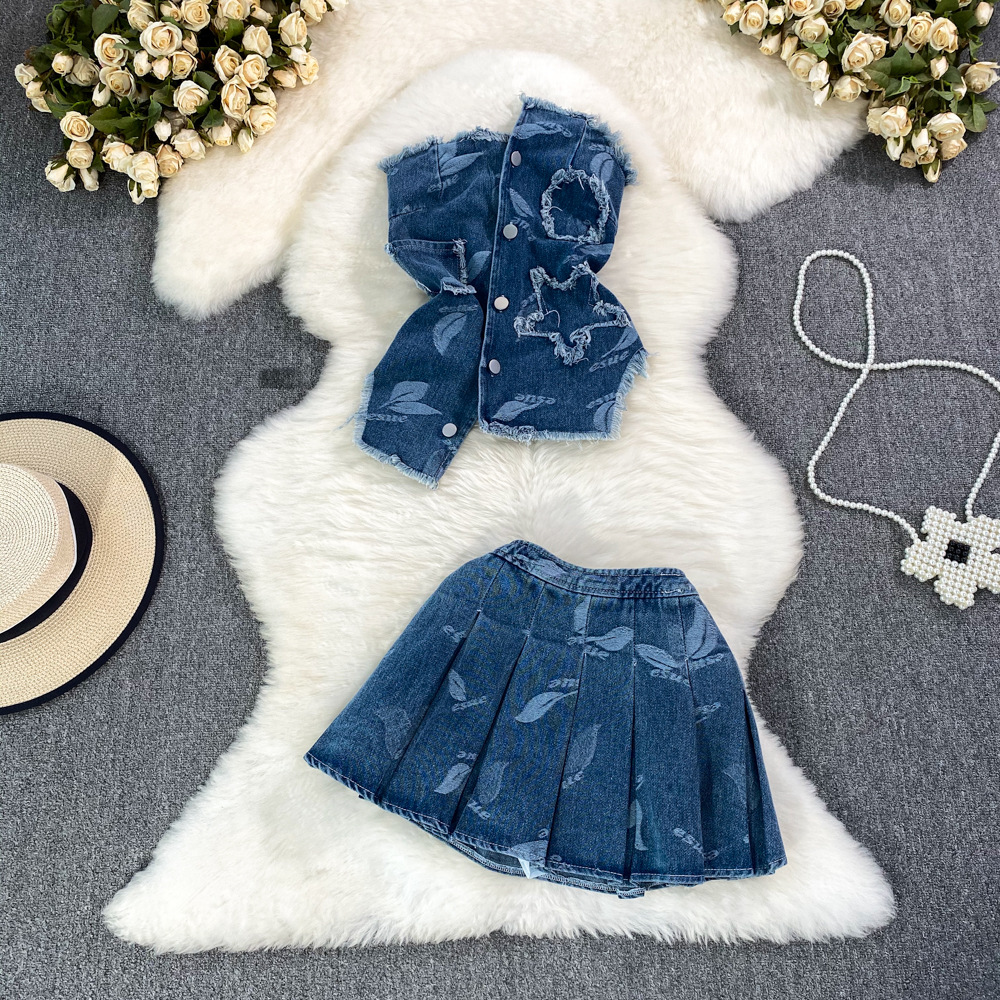 Fashion set for women with spicy tassels, irregular strapless denim top, two-piece high waisted and slim A-line skirt