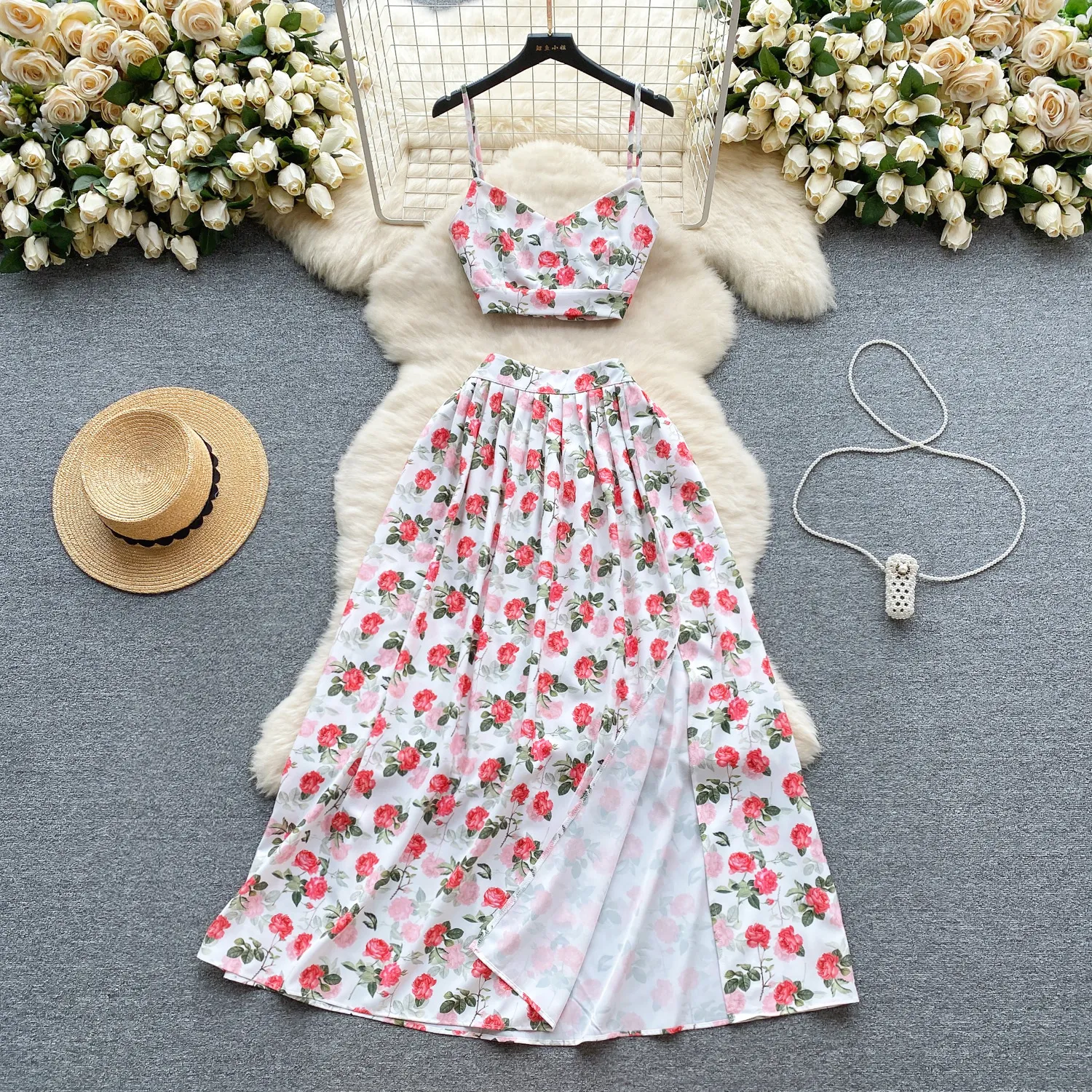 Sweet print set women's short camisole vest versatile high waisted pleated long skirt vacation style two-piece set