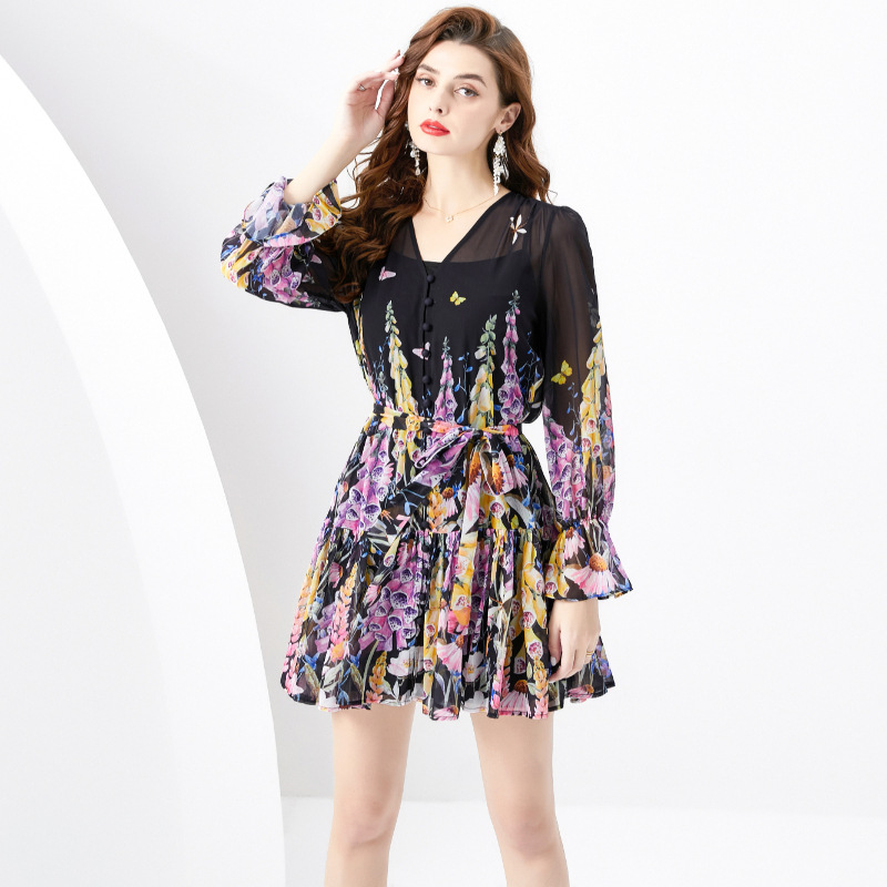 2024 Design Vacation Style V-neck Lantern Sleeves Wave Edge Colored Mini Short Printed Dress Set of Two