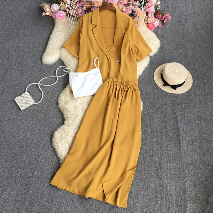 Fashion set women's loose fitting short sleeved suit jacket three piece set high waisted mid length split half skirt with camisole vest