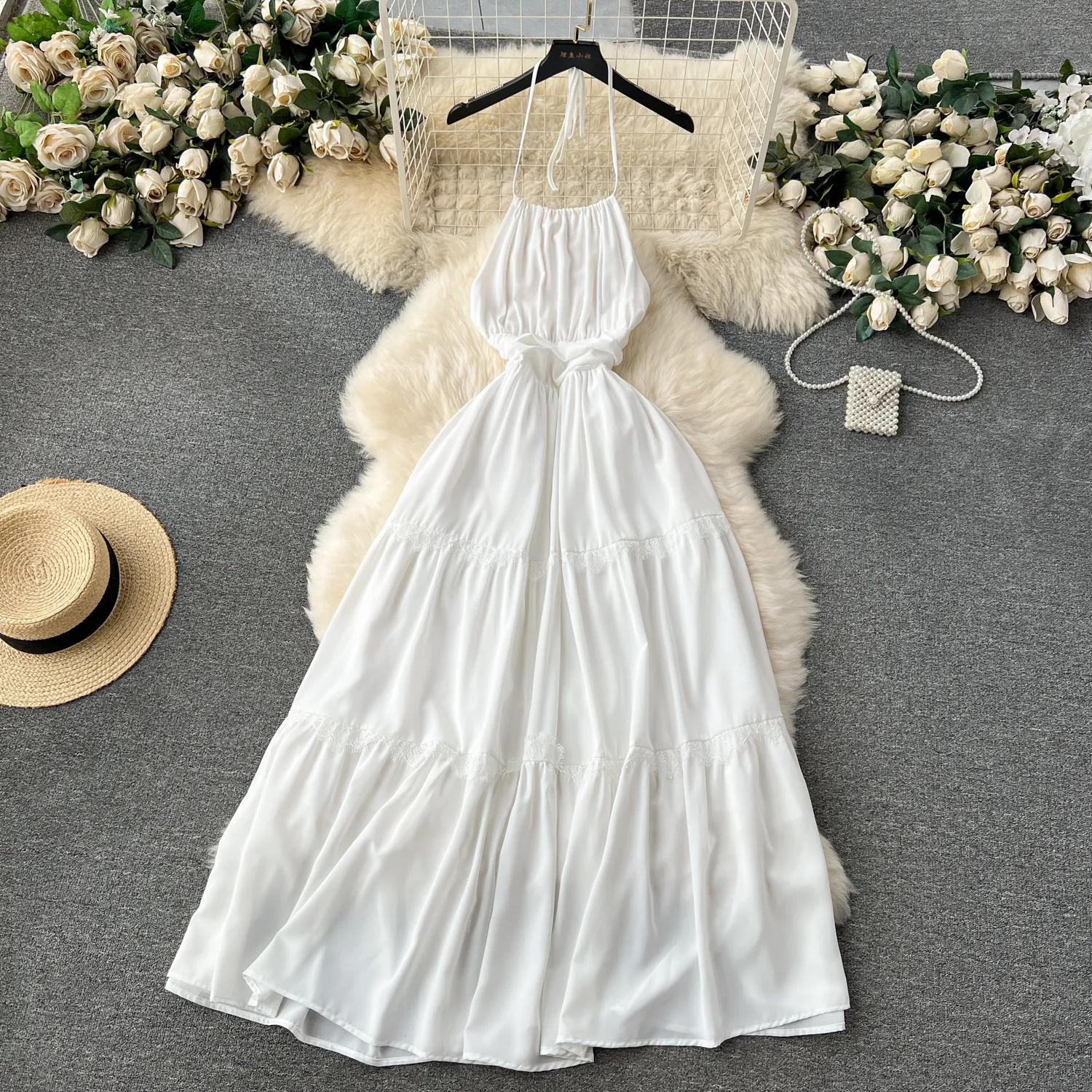 Vacation outfit, travel white dress, spring/summer 2024, new French style neck hanging, sleeveless, backless, waist cinching long skirt