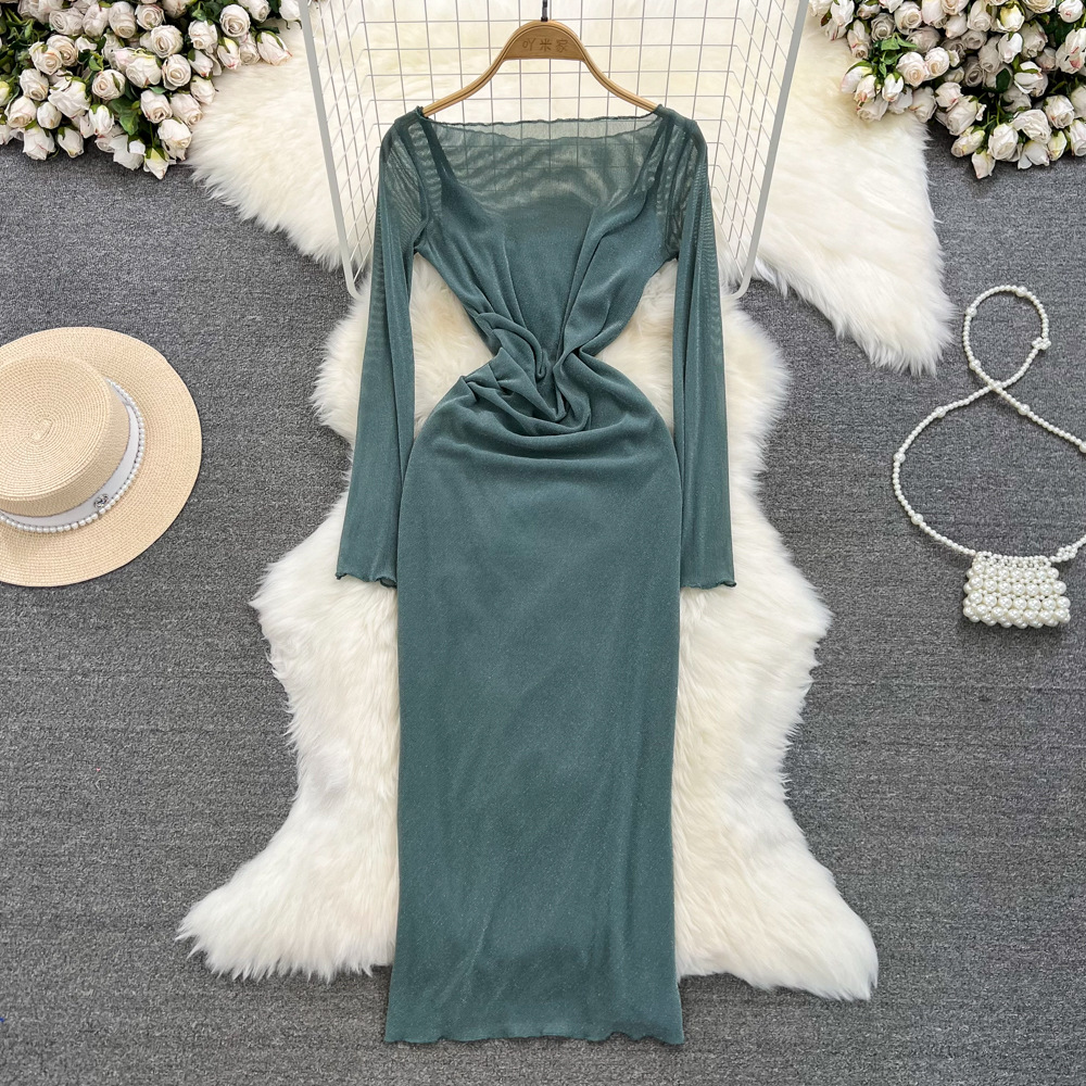 Autumn French Celebrity Style Round Neck Long Sleeve Round Neck Waist Slimming Perspective Mesh A-line Dress Set of Two