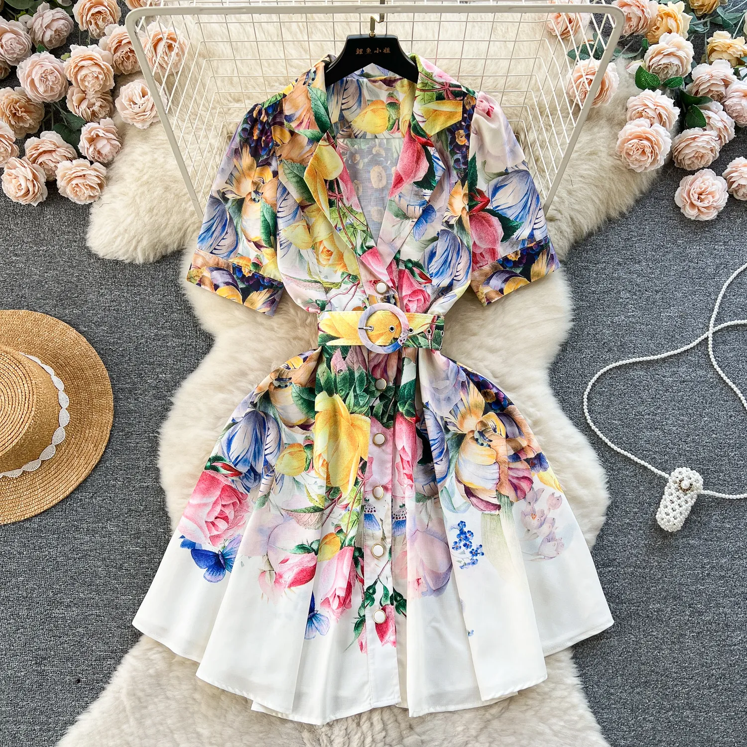 Fanhua series retro printed suit with collar and buckle, slim fit short style, 2024 early spring new temperament dress dress