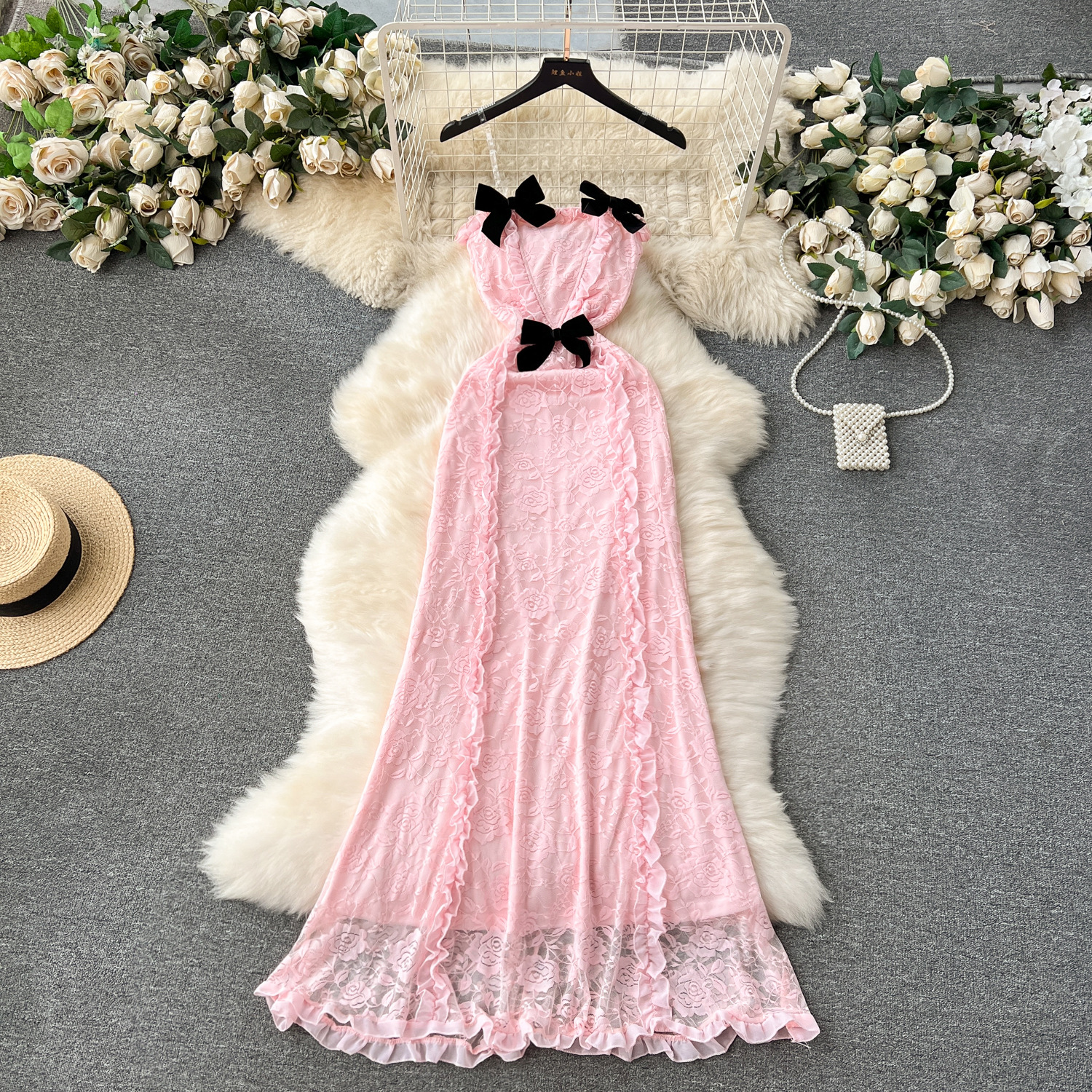High end socialite style dress with sweet wood ear edge slim fit and long sexy strapless lace dress with bow