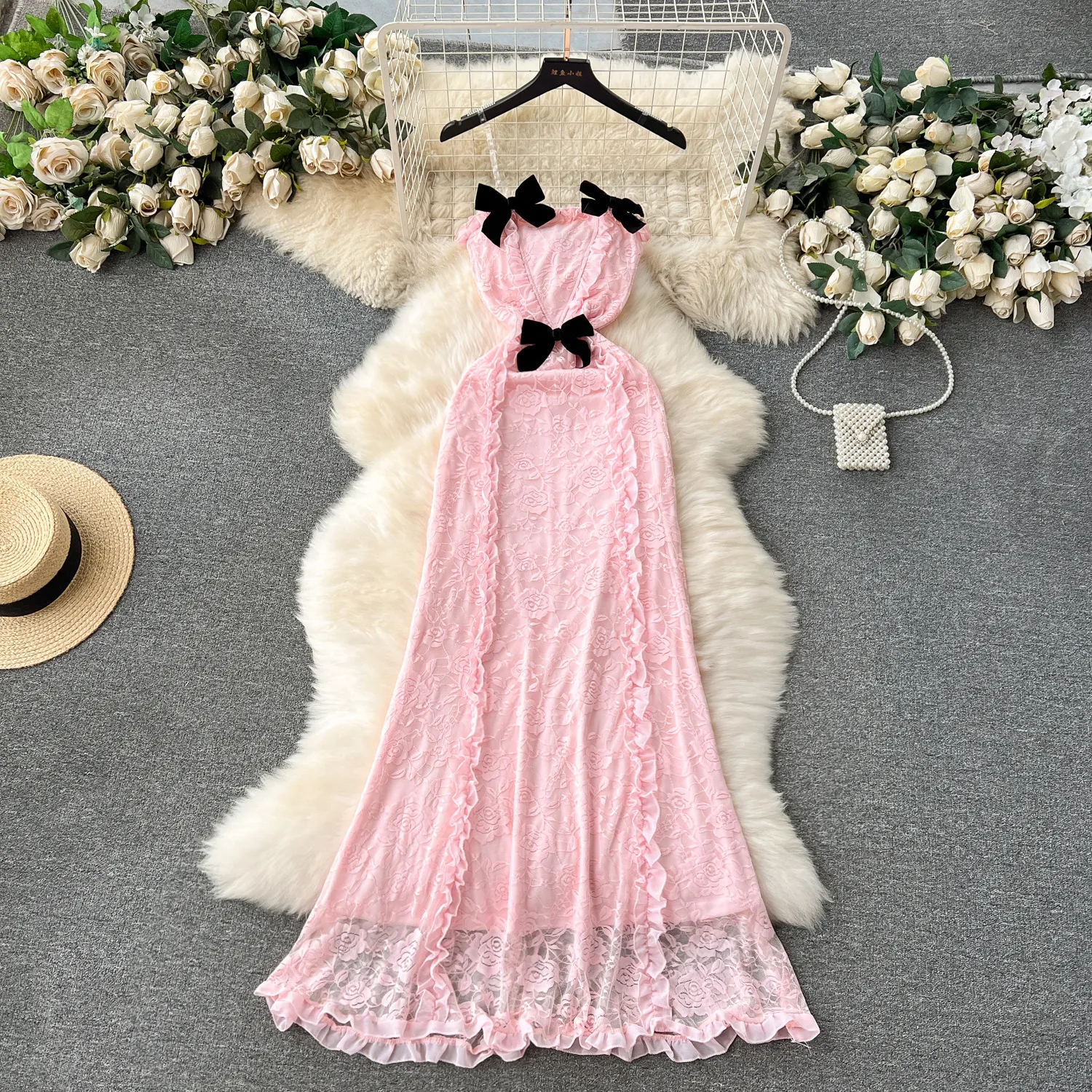 High end socialite style dress with sweet wood ear edge slim fit and long sexy strapless lace dress with bow