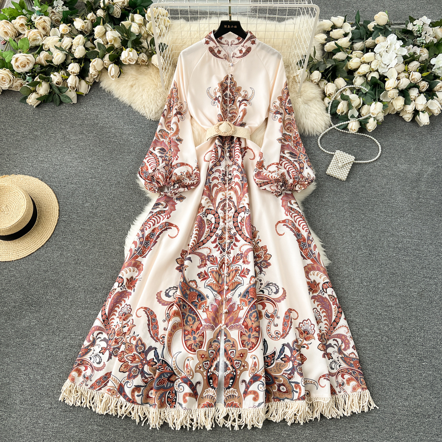 Palace style dress, women's spring dress, new design sense, retro print, slim fit long version, tassel dress, holiday dress