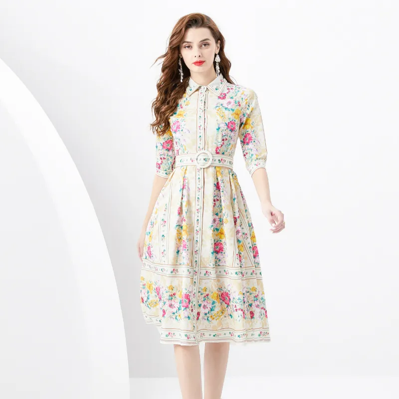 Fashionable palace style lapel fresh small floral short sleeved waist wide swing skirt printed long slimming dress