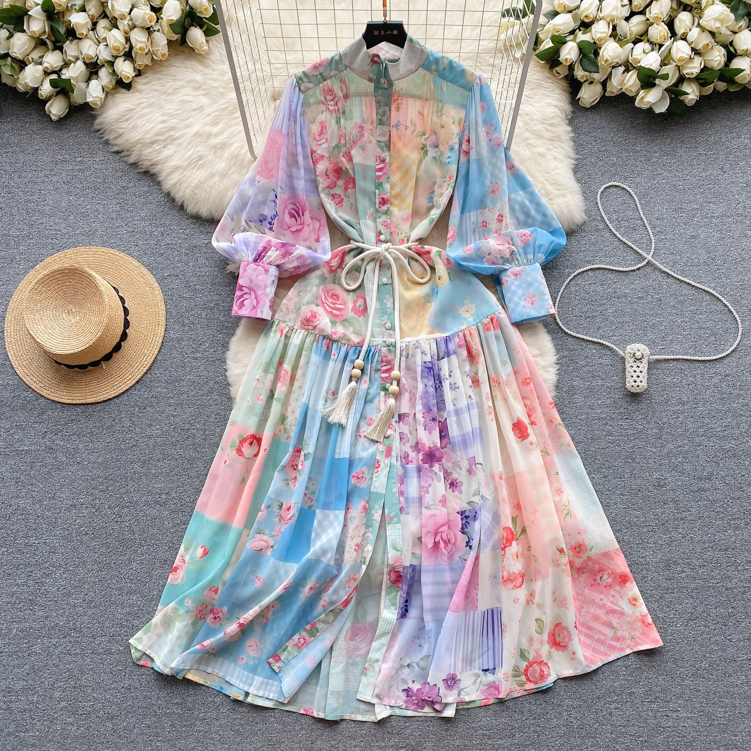 2024 Spring New French Bubble Sleeves Button Up Waist for Slimming Elegance Long Printed Dress Chiffon Dress