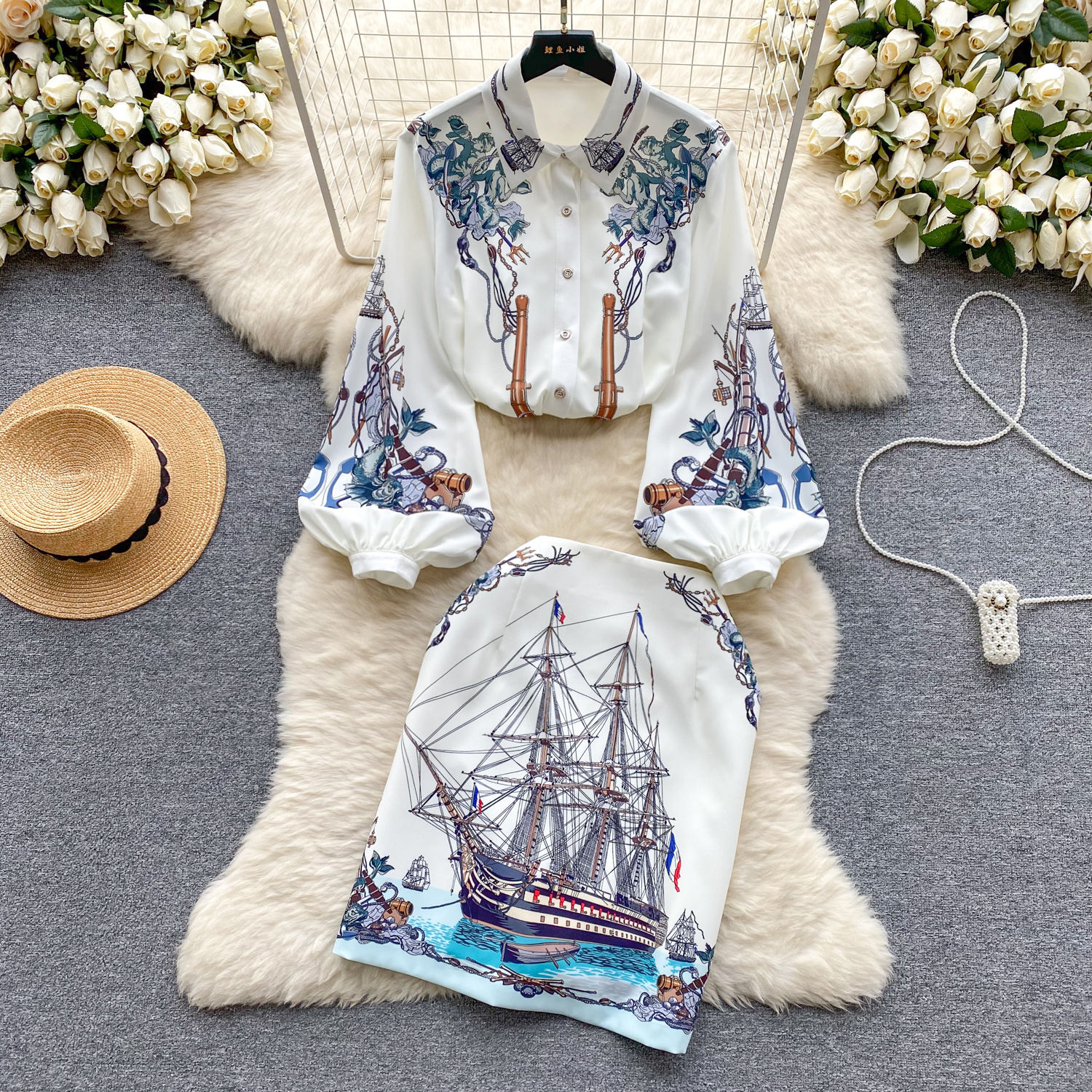 High end Spring Dress Women's Shirt Design with Printed Bubble Sleeves Versatile High Waist Skirt Set of Two for Women