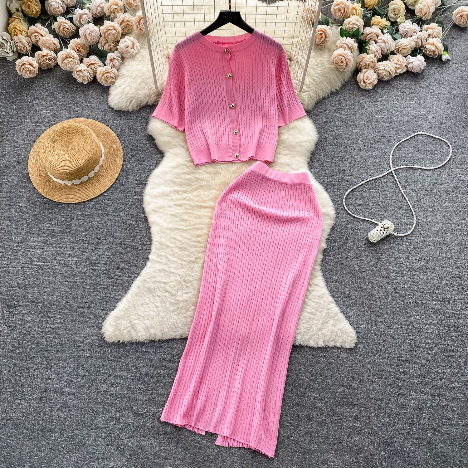 Early Spring Korean Style Dressing Set 2024 New Knitted Cardigan Short Versatile High Waist Skirt Two piece Set