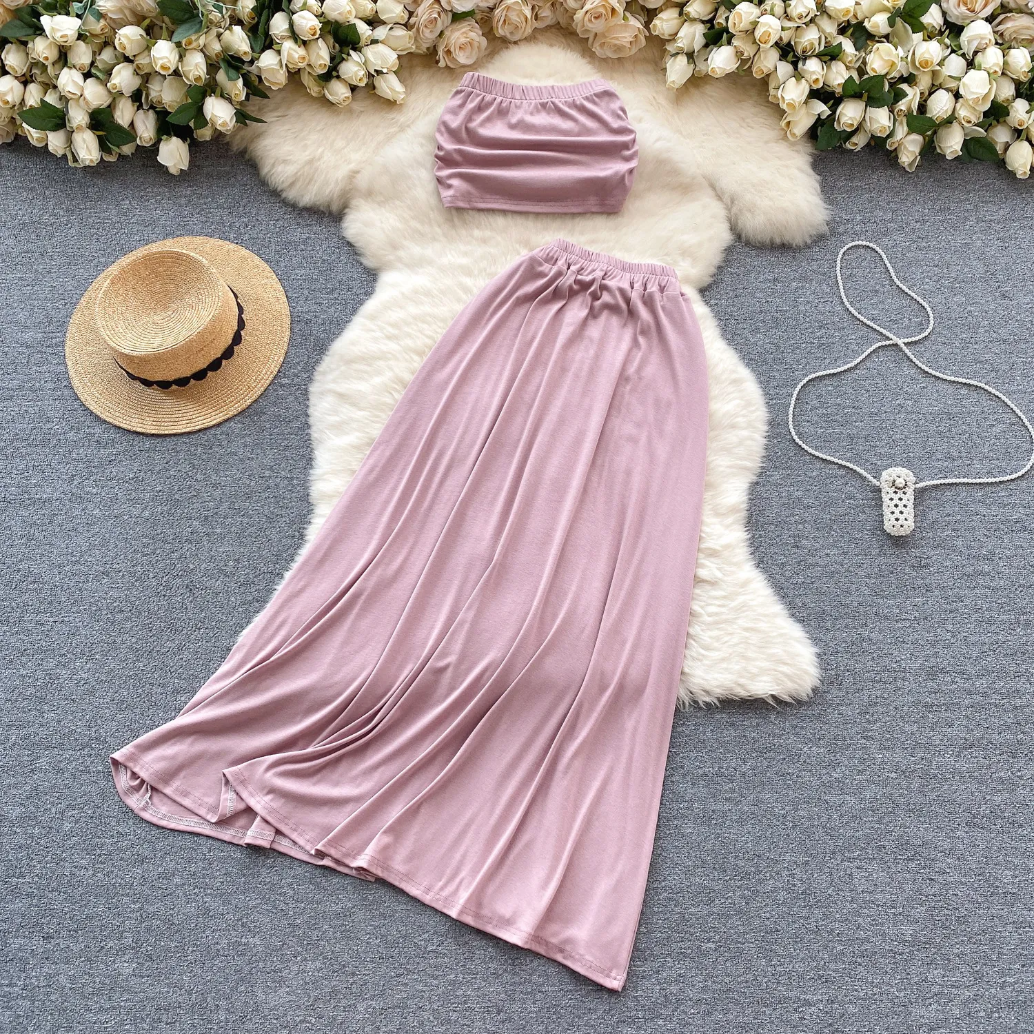 Light luxury fashion leisure vacation style set, women's solid color strapless top+high waisted half body large hem long skirt two-piece set
