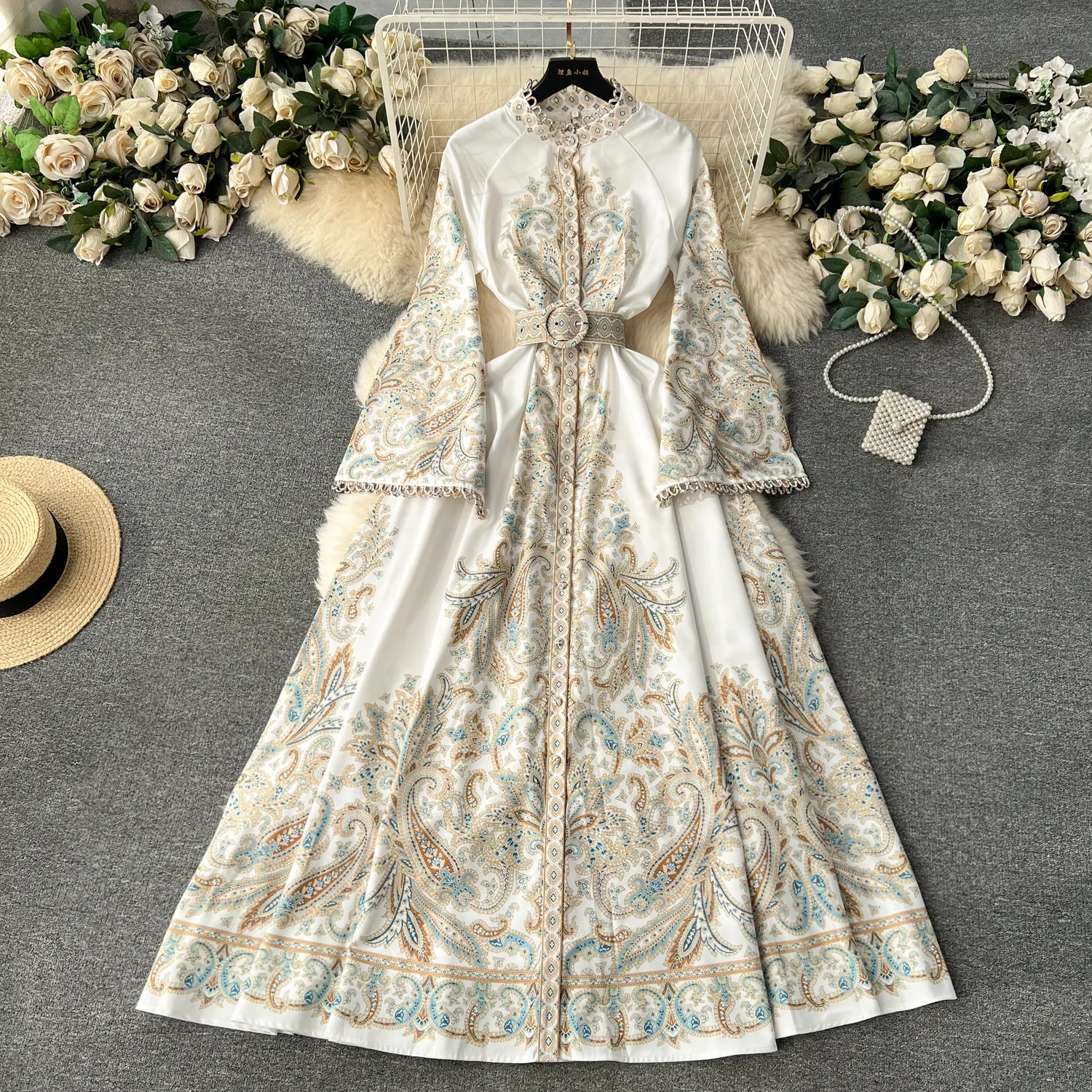 European retro palace style dress for women with design sense, printed flared sleeves, slim fit, long and elegant dress, spring dress for women