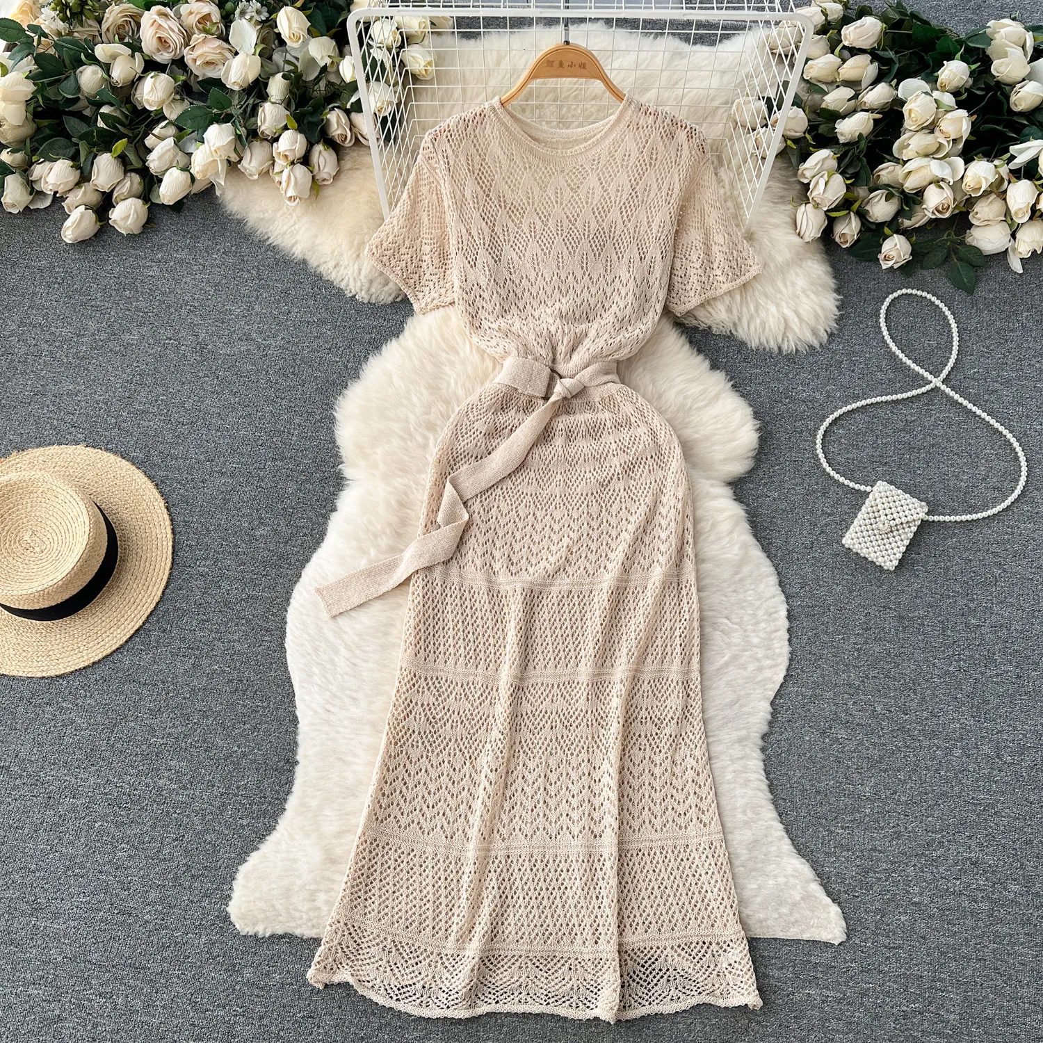 2023 Summer Fashion New Retro Hollow Light Mature Super Immortal Short sleeved Dress Women's Forest style Fishtail Wrapped Hip Long Dress Fashionable