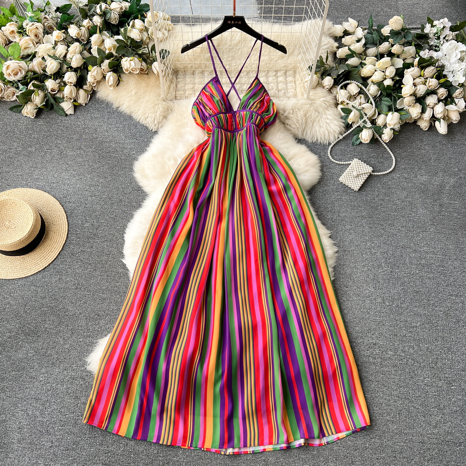 Design sense, color blocking stripes, hanging neck dress, women's sense, backless and waistless, slim and long, trendy seaside vacation dress