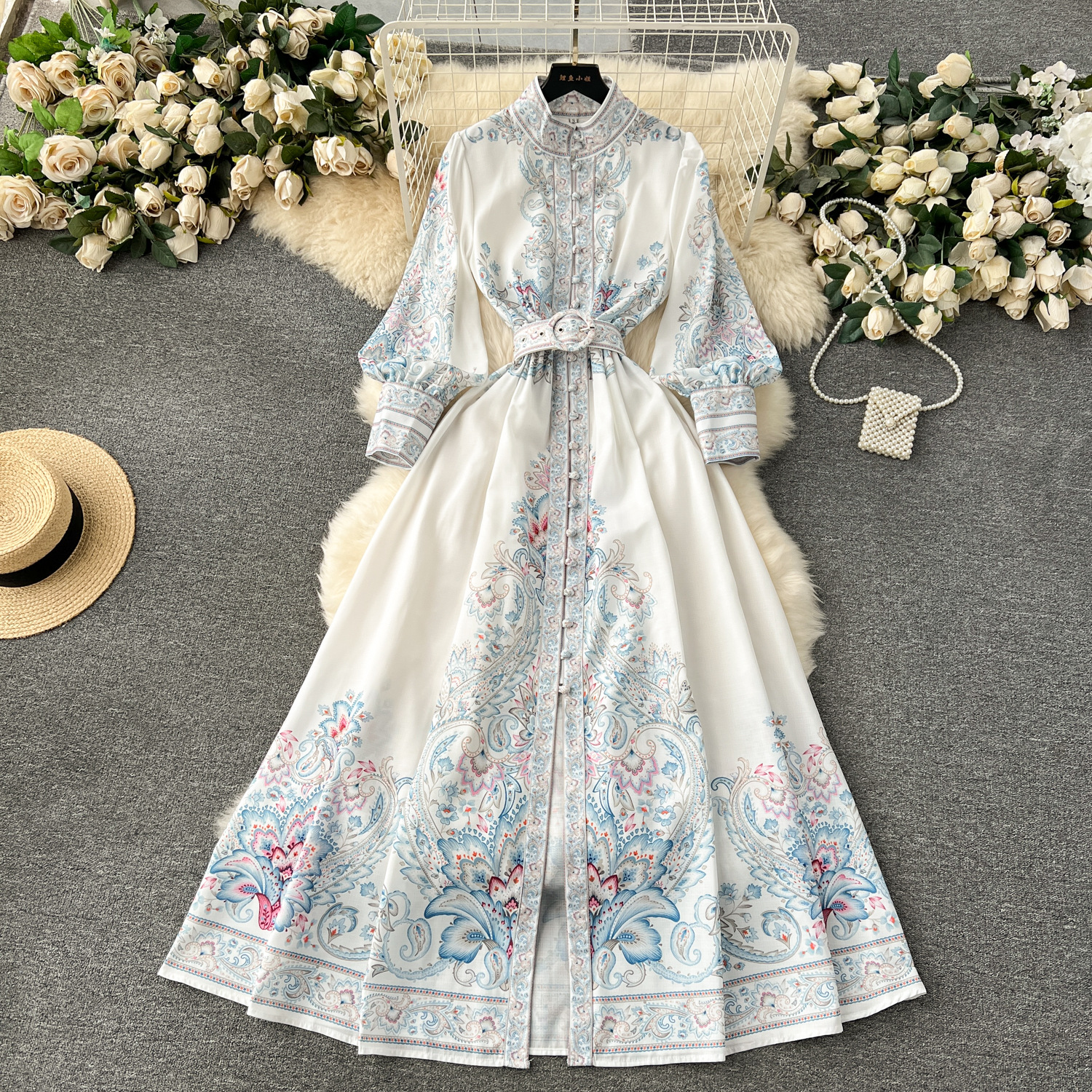 Palace style dress, spring style, stand up collar, button up, slim fit, retro and high-end printed bubble sleeve formal dress, long skirt