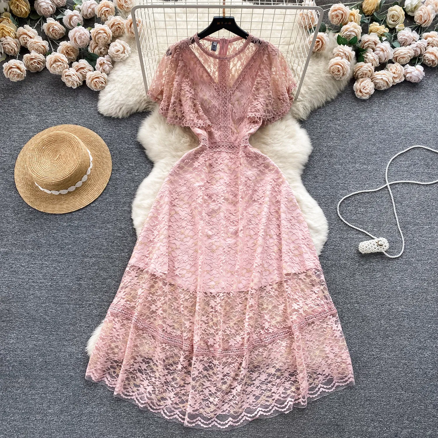 French retro gentle style dress for women with sweet ruffle edge sleeves, elegant and slim waist style lace lady dress
