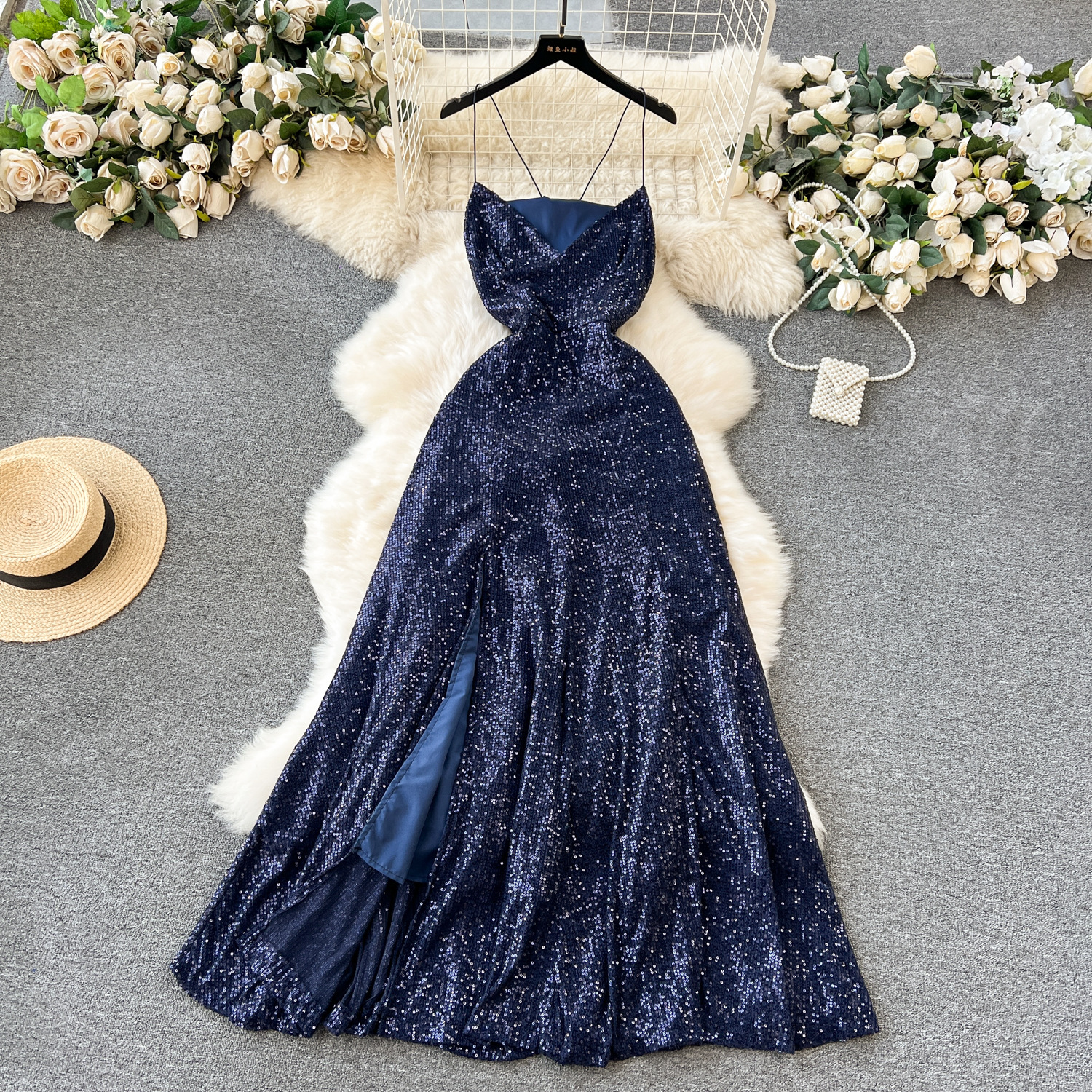 High end socialite style banquet dress sexy backless strap slim fit long light luxury sequin dress with suspender skirt