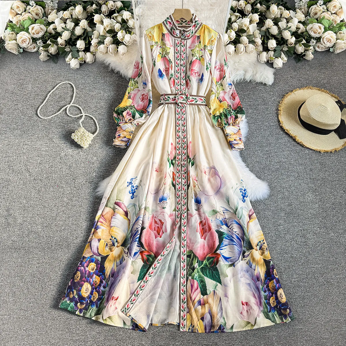 Fanhua series French retro palace style dress, spring dress for women with design sense, printed slim fit, long and elegant dress