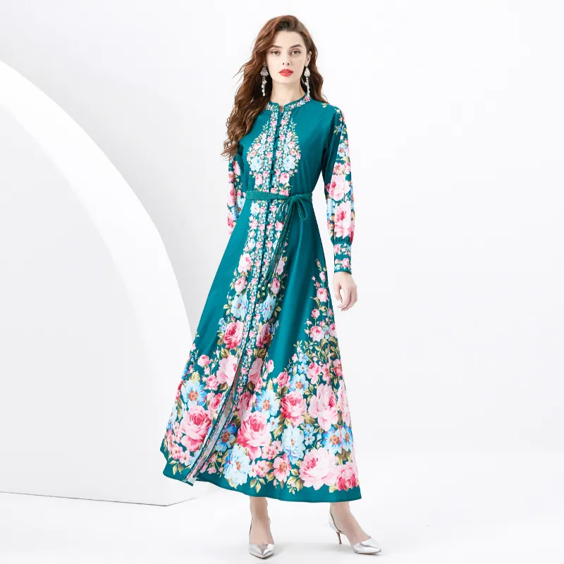 Palace style retro standing collar design with a single breasted lantern sleeve print, wide hem, fashionable long dress