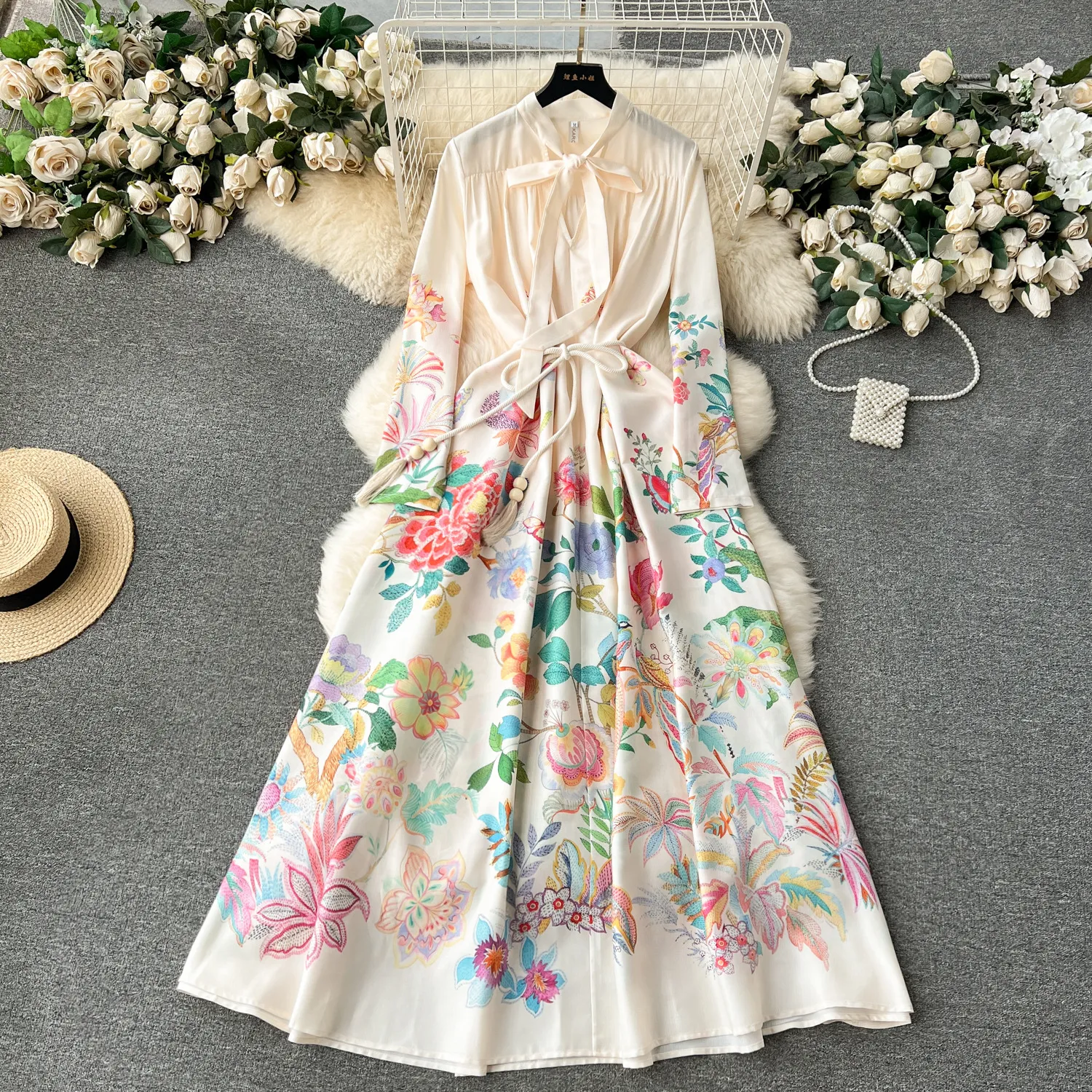 Fanhua Series 2024 Early Spring New Design Sensory Print Slim Fit Long Style Large Swing High end Dress Women's Dress