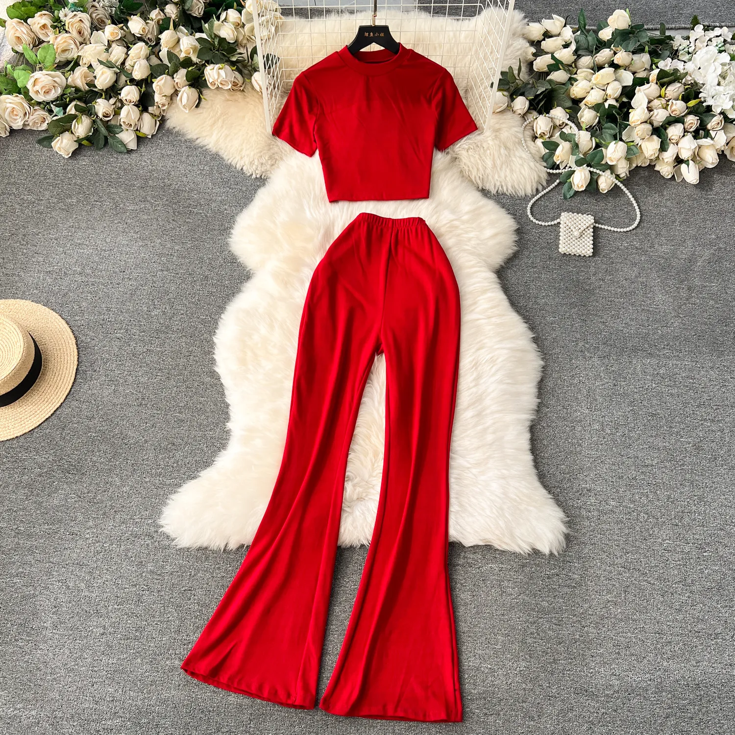 Pure desire spicy girl style fashion set, women's short sleeved exposed navel top+high waist slimming micro flared long pants two-piece set