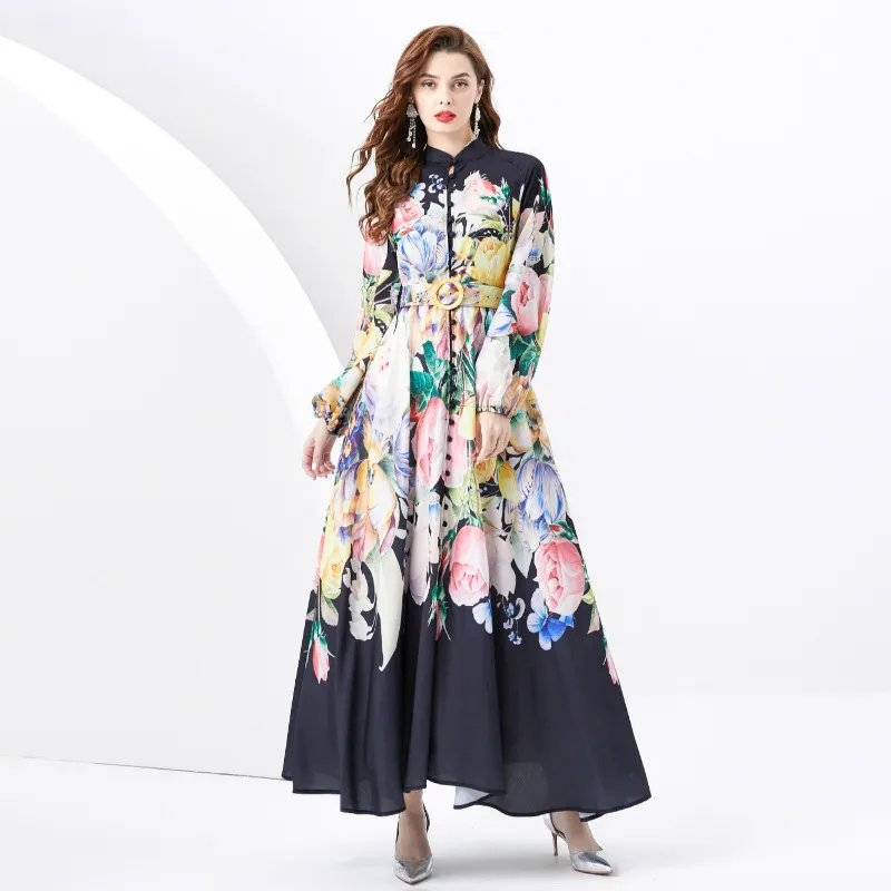 Fanhua series 2024 early spring new niche print French style bubble sleeve buckle slim fit long temperament dress