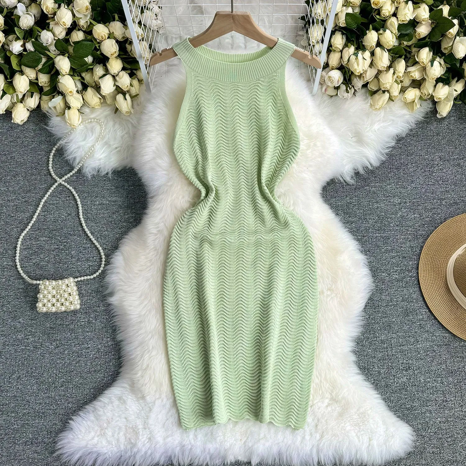 Pure Desire Wind Hanging Neck Sleeveless Knitted Dress Women's Summer Style Waist Closing Slim Fit Wrapped Hip Short Tank Top Skirt