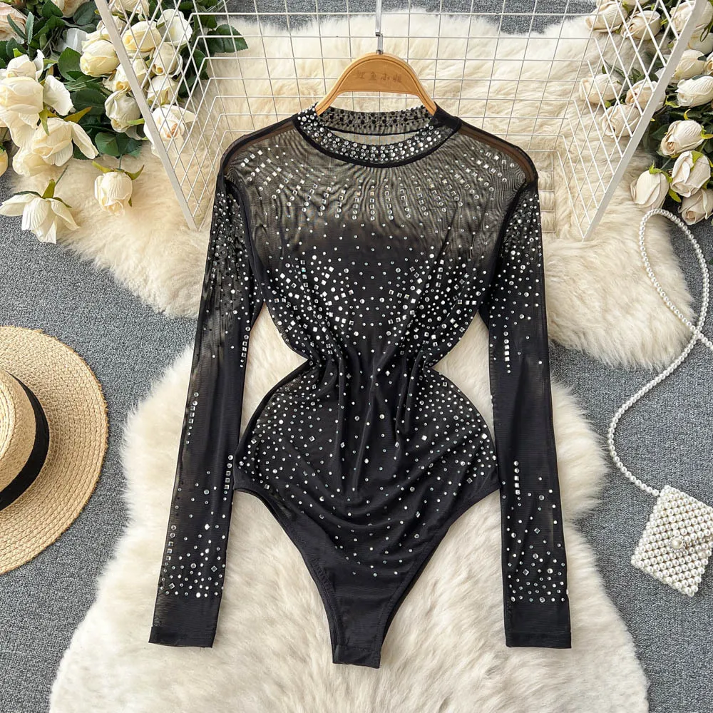 Spring and Autumn Pure Desire Wind Instagram Design Sense Heavy Industry Hot Rolled Diamond Long sleeved Waist Slimming Mesh High Fork jumpsuit