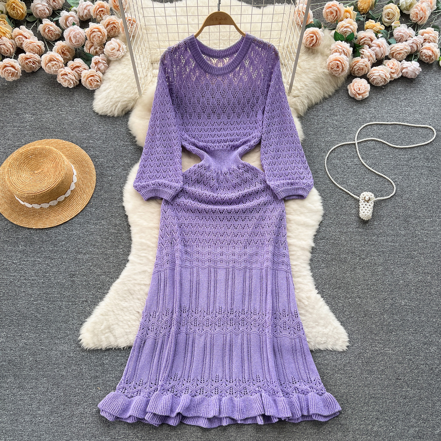 Korean style dress with gentle style and temperament, spring dress for women's heavy industry hook flower hollow bubble sleeves, medium length knitted skirt