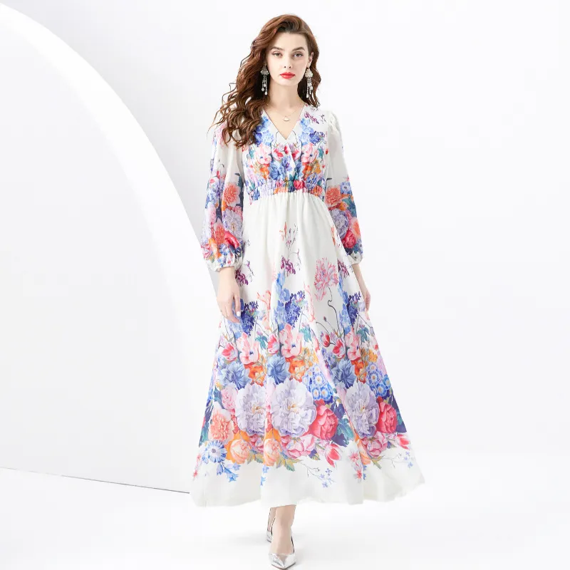 Fanhua series retro palace style dress with a V-neck and waist that looks slim and long, bubble sleeved holiday dress for women