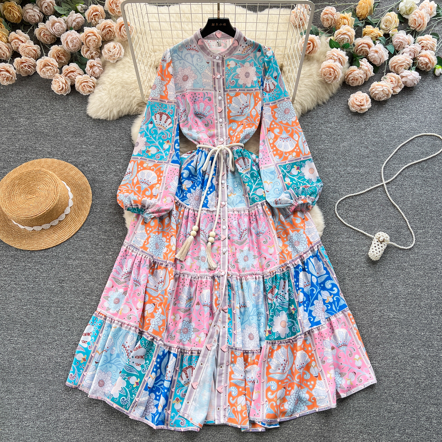 European and American style design, color blocking, printed and tied waist, slim and long style bubble sleeves, formal dress, temperament, spring dress