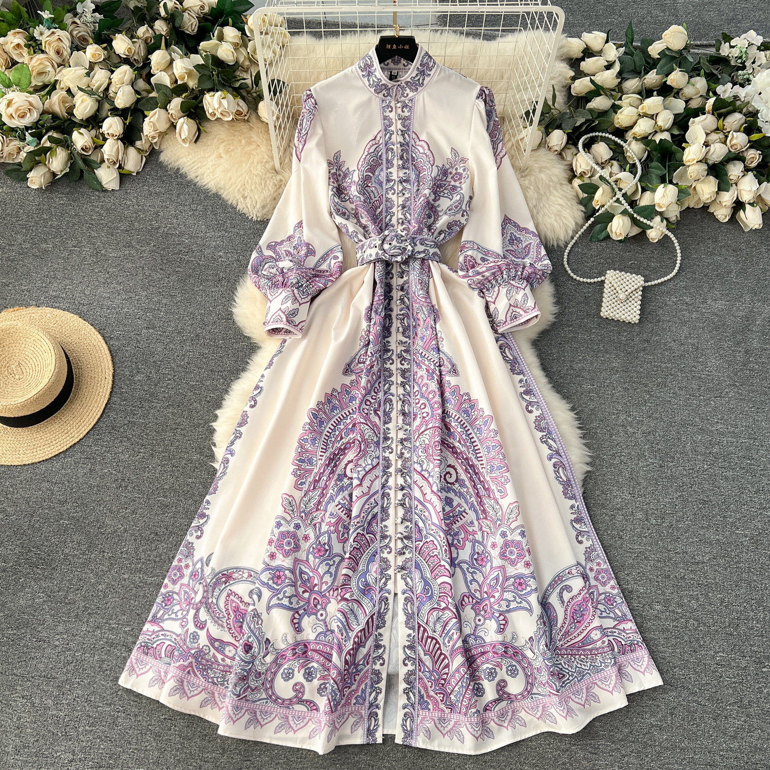 Palace style dress, spring femininity, stand up collar, heavy work buckle, slim fit long version, retro printed high-end dress