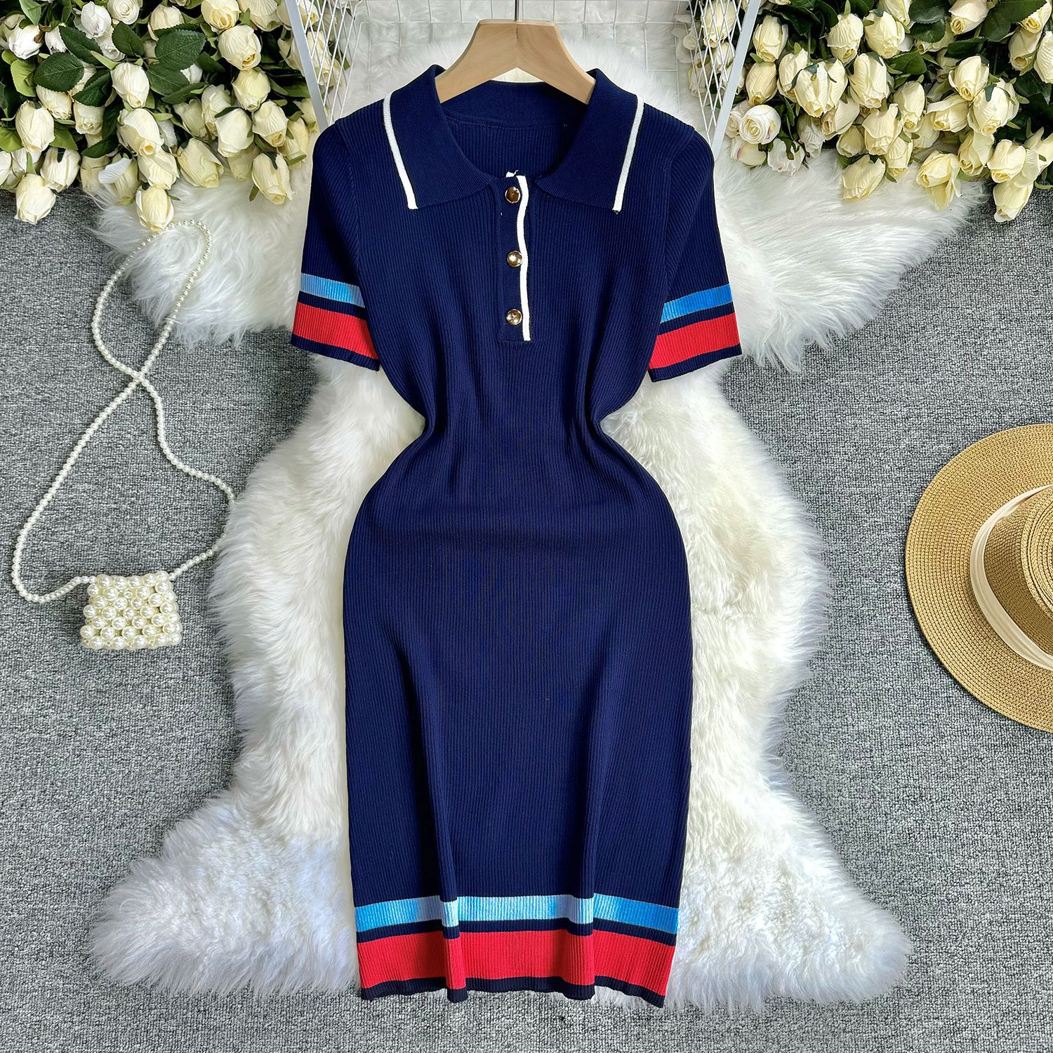 2024 Summer New Casual Age Reducing PPLO Collar Colored Short Sleeve Ice Silk Knitted Dress Slim Fit Mid Length