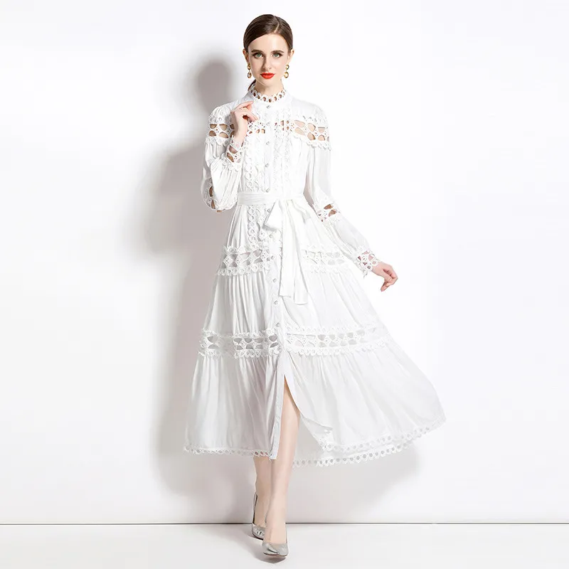 European and American Foreign Trade French Style Flip Collar Embroidered Long Dress 2023 Spring and Autumn Season New Lantern Sleeves Hook Flower Design Dress