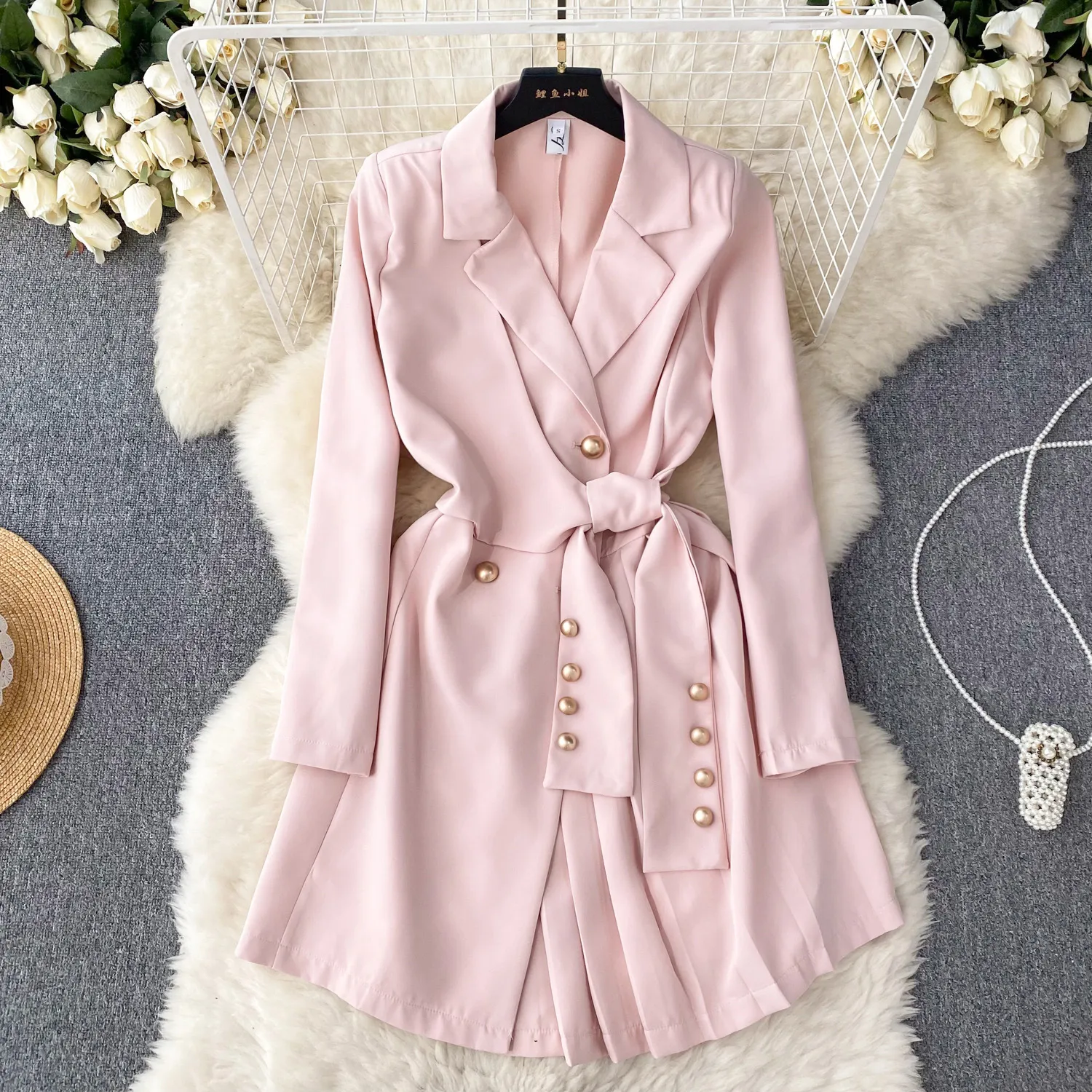 Workplace light mature style women's clothing temperament suit collar tie slim fit short design feeling pleated skirt long sleeved dress