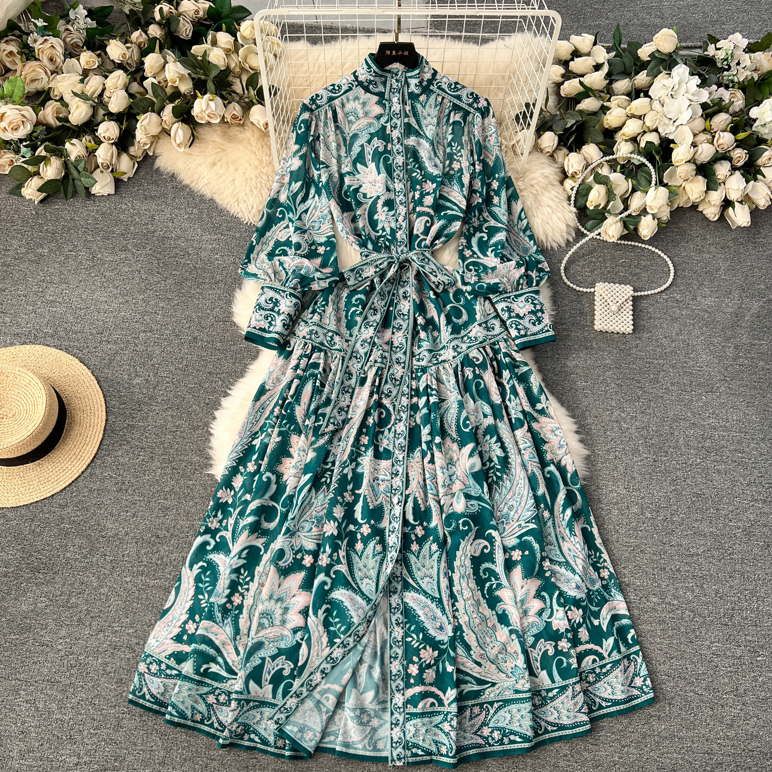 Palace style formal dress, French style bubble sleeves, retro printing, high-end niche breasted slim fit long version, elegant dress