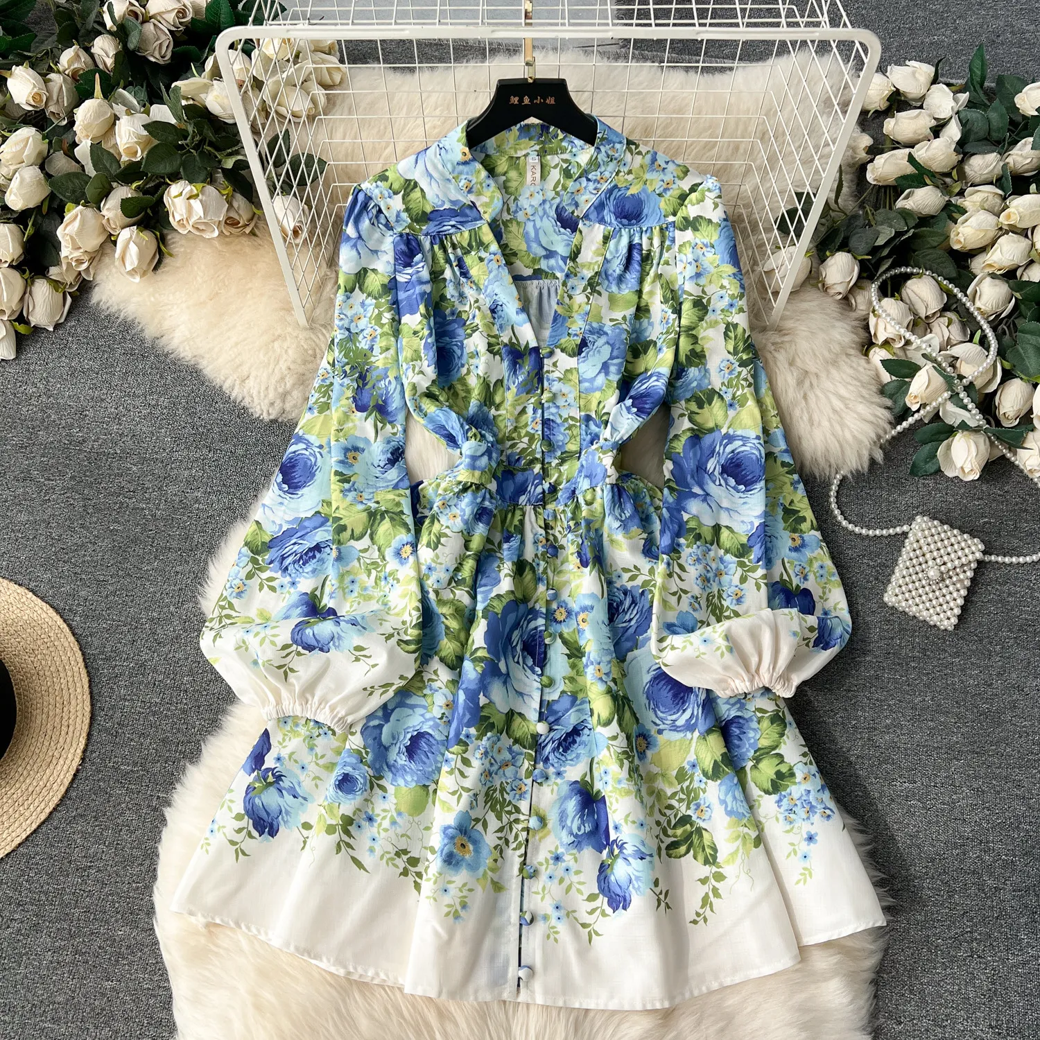 French court style small dress, high-end design by a socialite, printed bubble sleeves, button up slim fit short dress