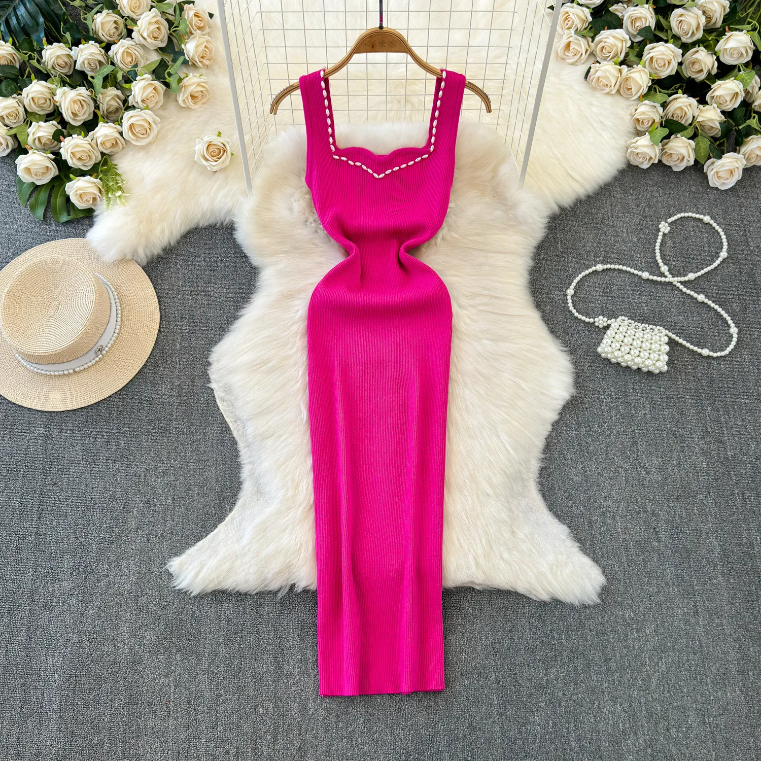 Women's 2024 Summer Celebrity Slant Shoulder Water Diamond Slim Fit Sexy Wrapped Hip Split High Quality Texture Long Dress with Suspended Dress