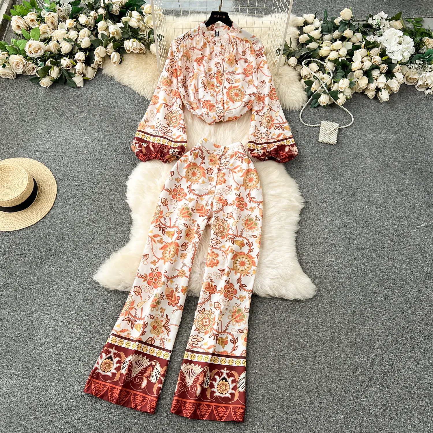 European and American style high-end suit, women's design sense, printed shirt, versatile high waisted wide leg pants, temperament two-piece spring outfit