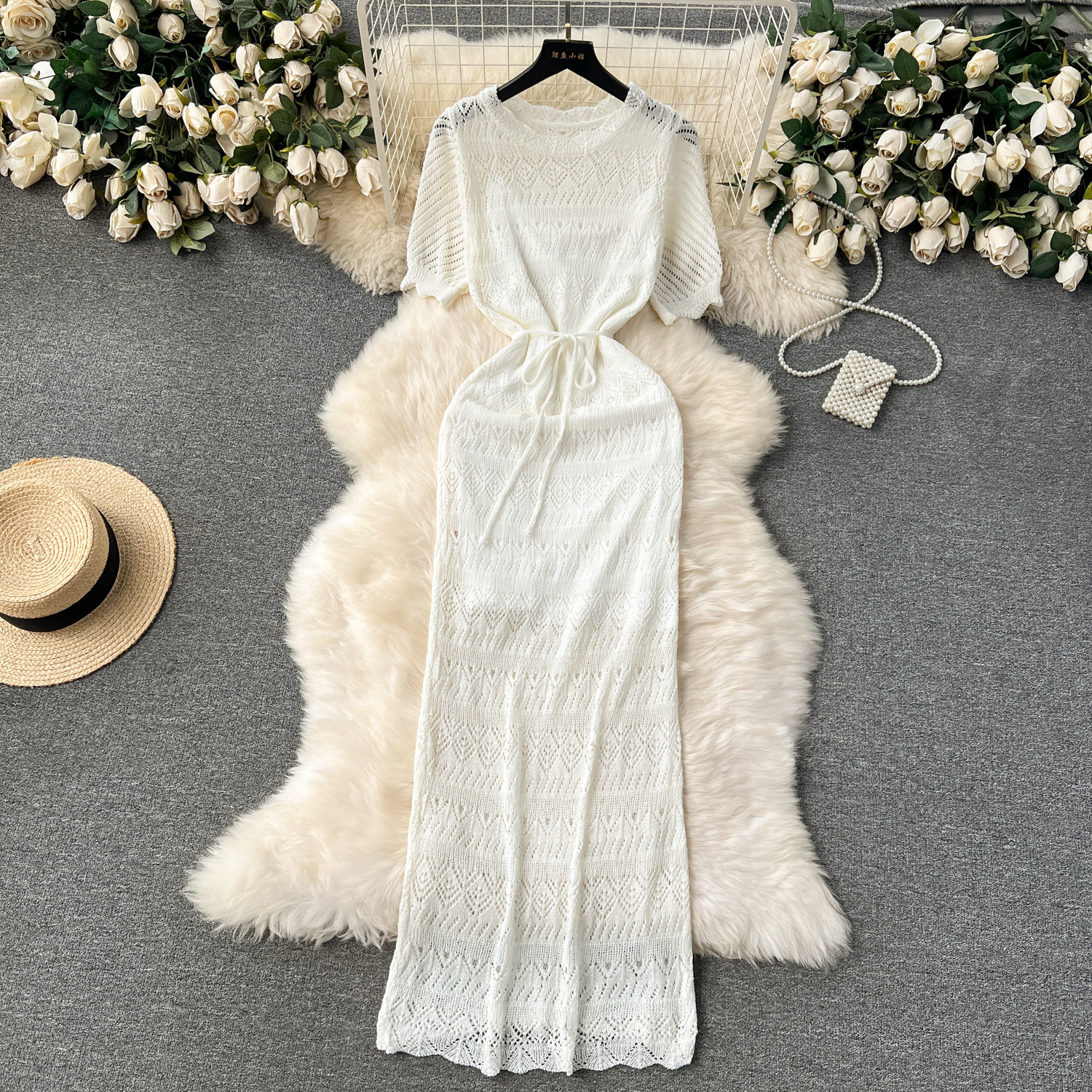 French gentle style temperament dress for women with reduced age bubble sleeves design, hook flower hollowed out knitted long skirt with suspender