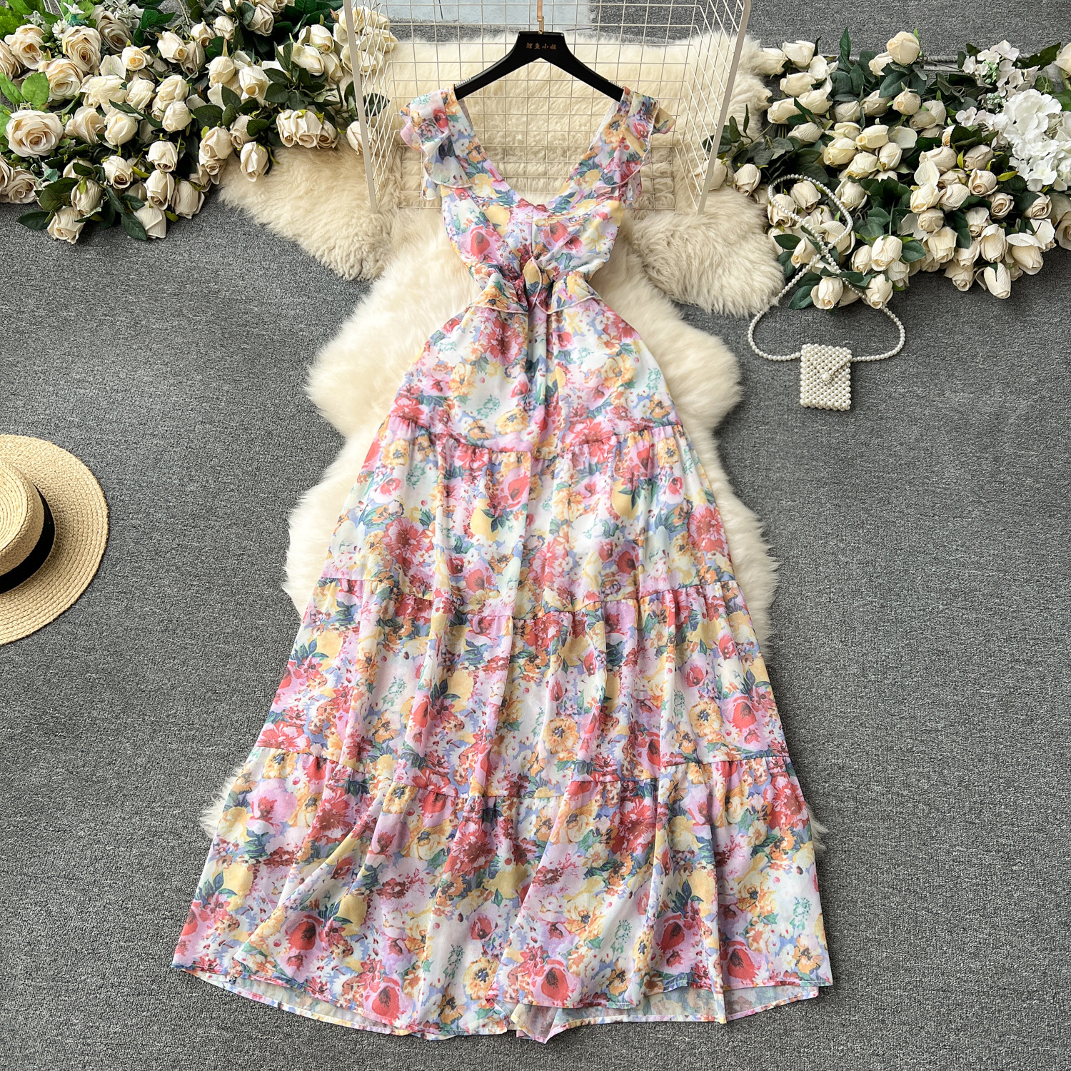 High end retro print with sweet ruffle edge flying sleeves, backless strap, bow tie, slim fit long dress for women