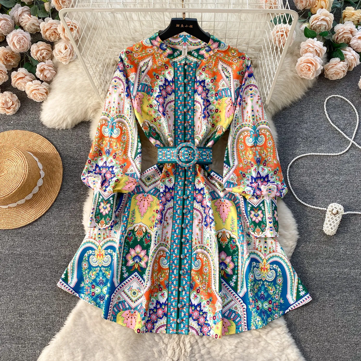Palace style small dress, socialite, high-end design sense, printed breasted slim fit small dress, bubble sleeve dress for women