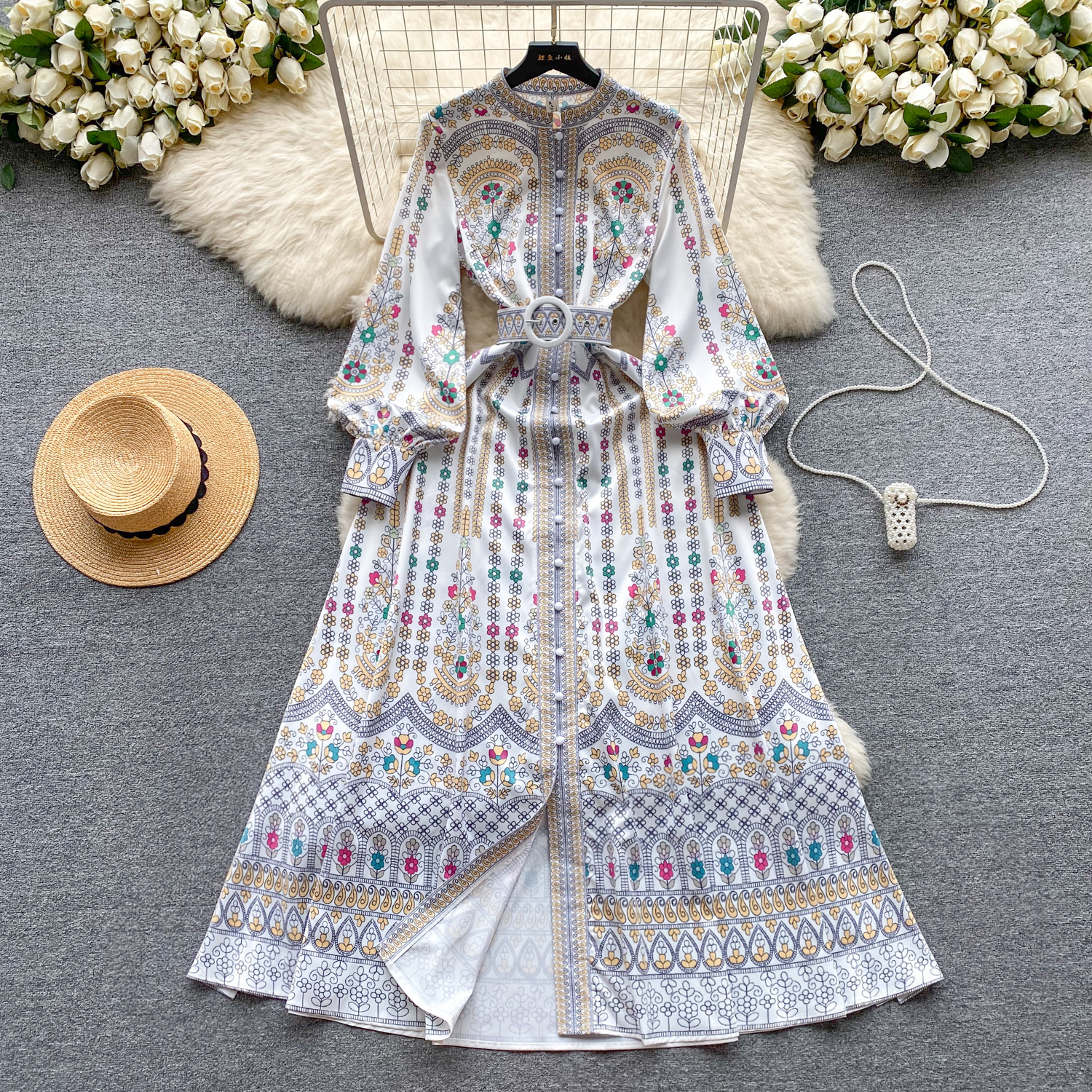 Palace style dress for women in 2024, new style stand up collar, button up, waist up, slimming French bubble sleeve dress, long skirt