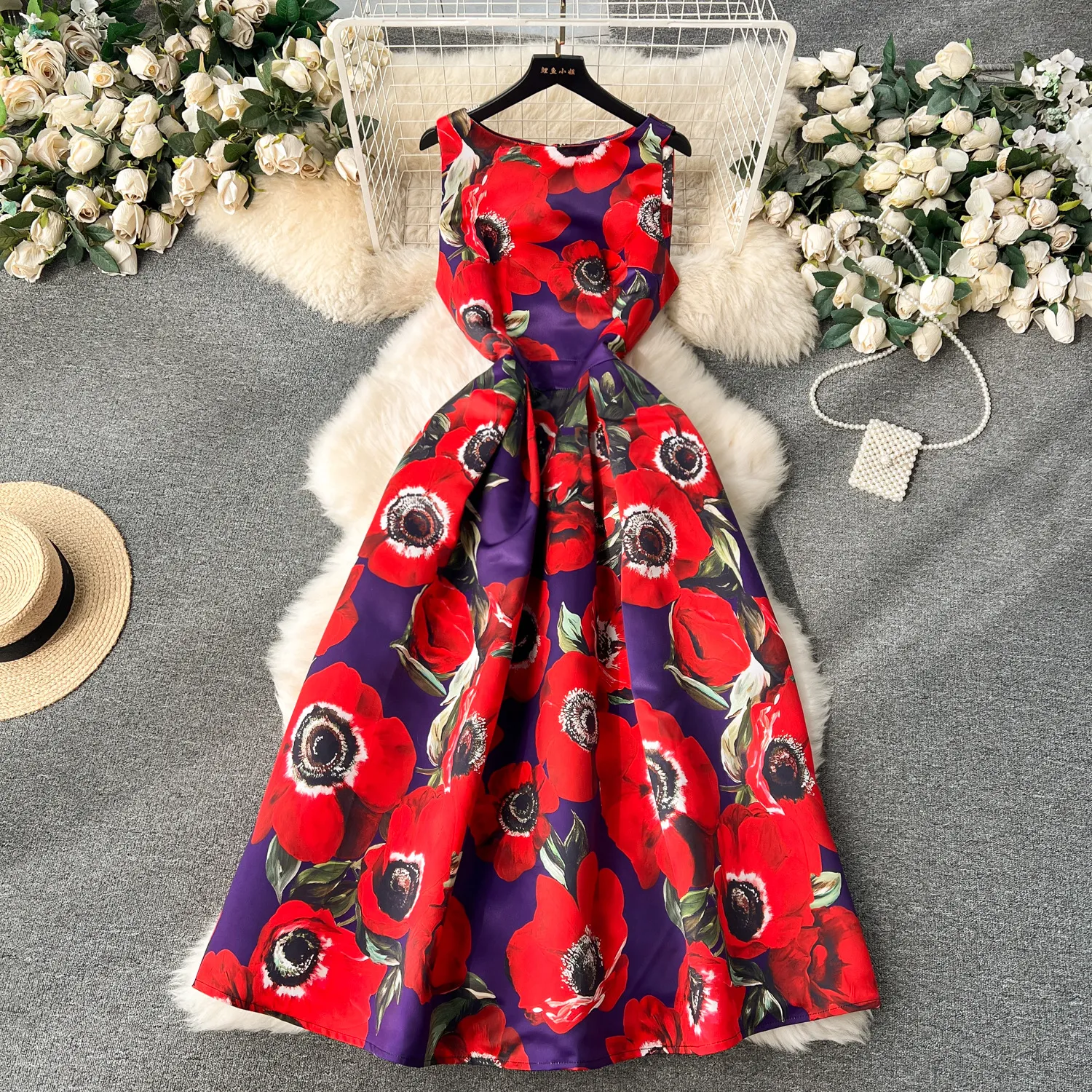 French retro palace style dress for early spring 2024, new slim waisted and high-end printed temperament dress for women